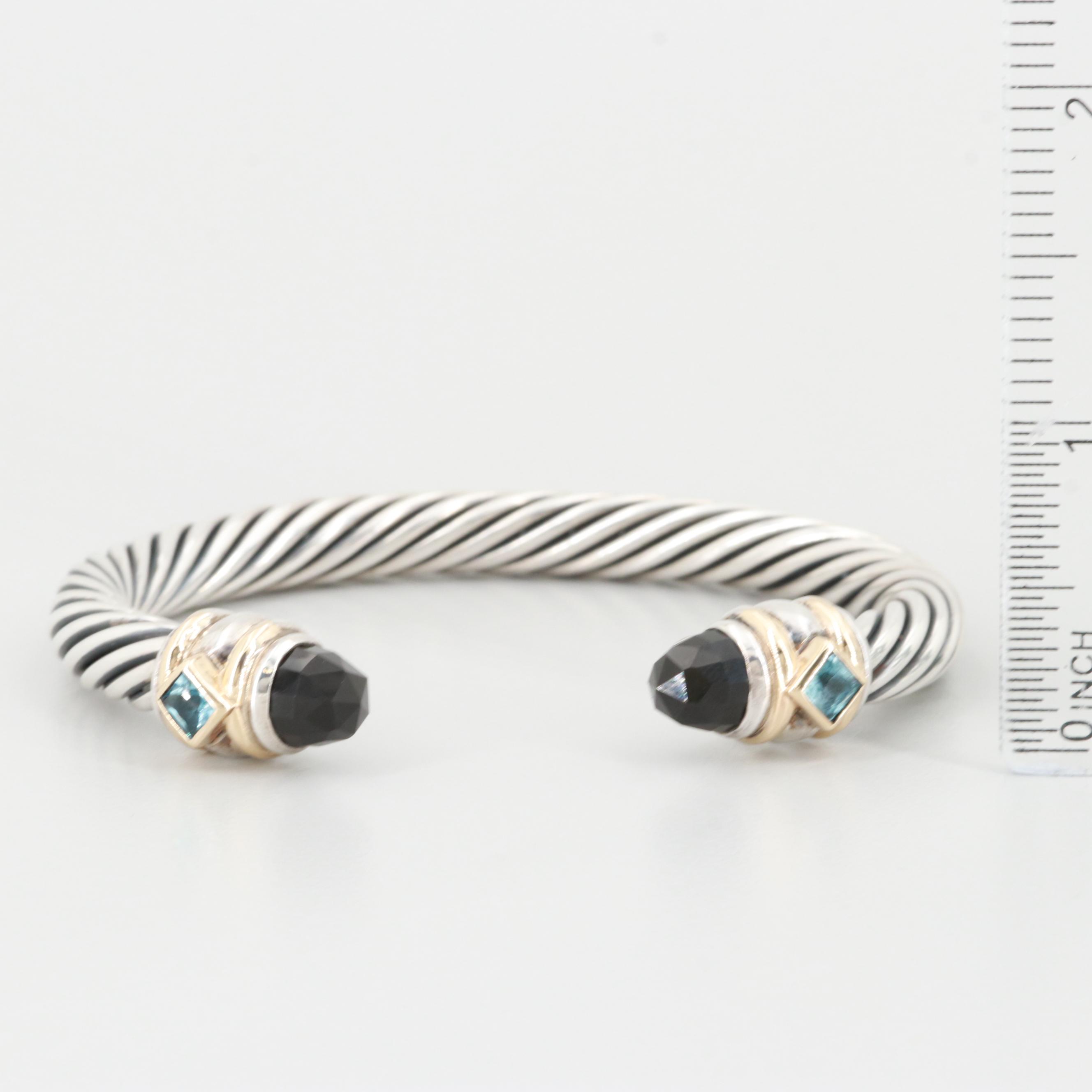 David Yurman Sterling Black Onyx and Blue Topaz Cuff Bracelet with 14K Accents