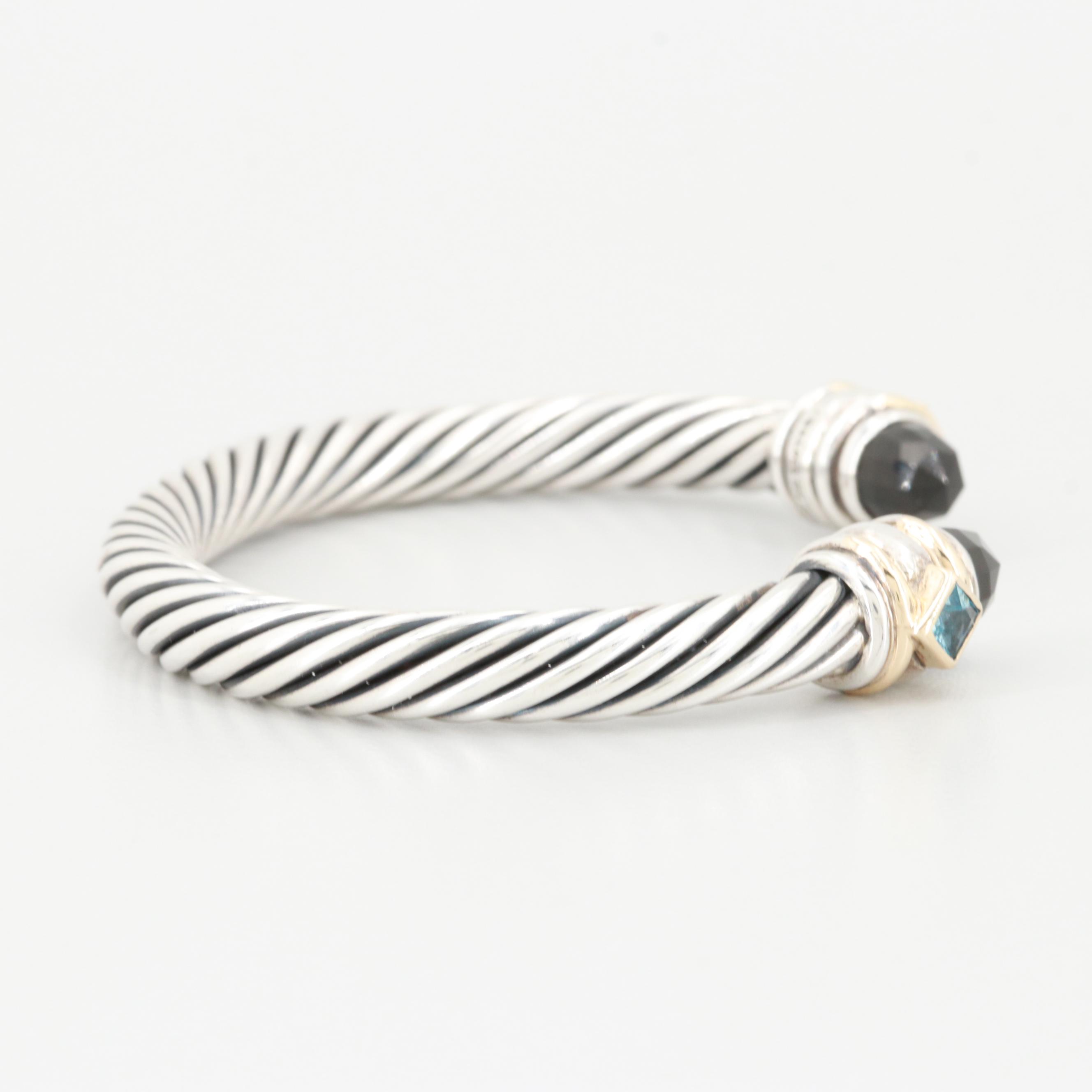 David Yurman Sterling Black Onyx and Blue Topaz Cuff Bracelet with 14K Accents