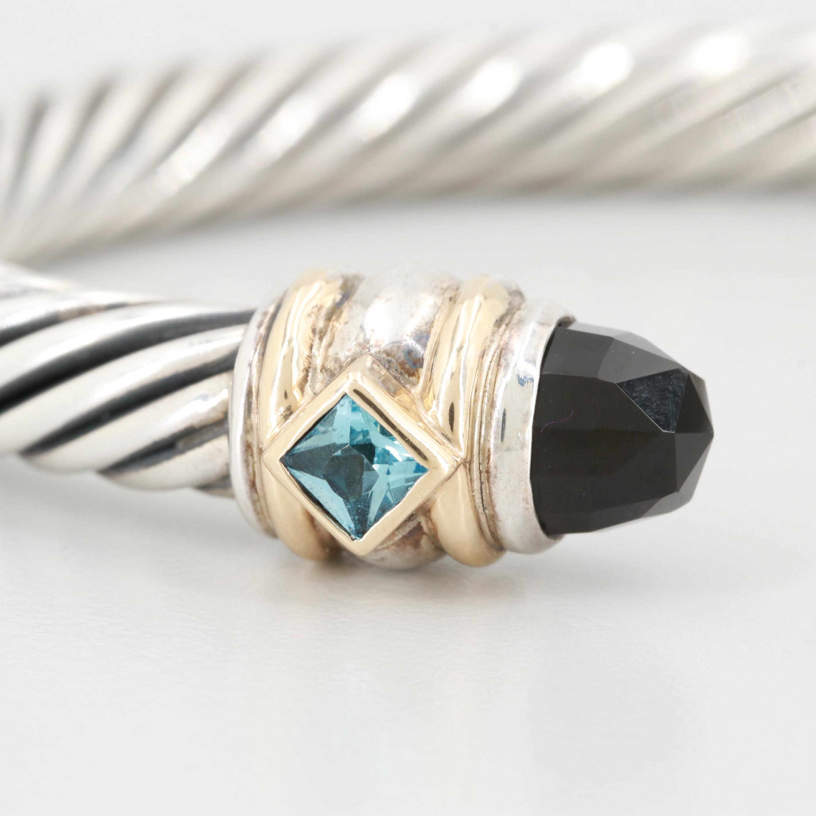 David Yurman Sterling Black Onyx and Blue Topaz Cuff Bracelet with 14K Accents