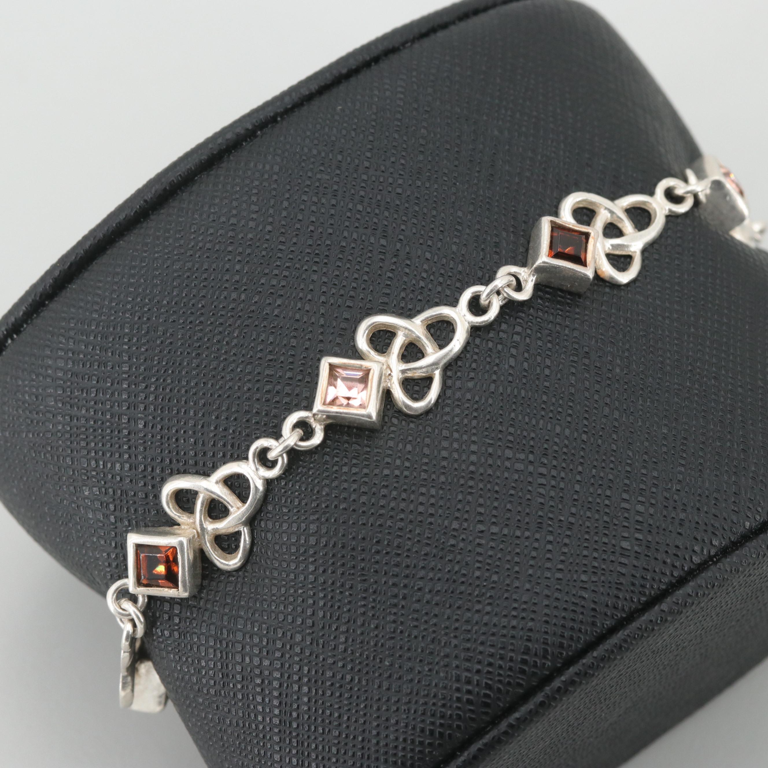 Sterling Silver Faceted Glass Trefoil Knot Link Bracelet