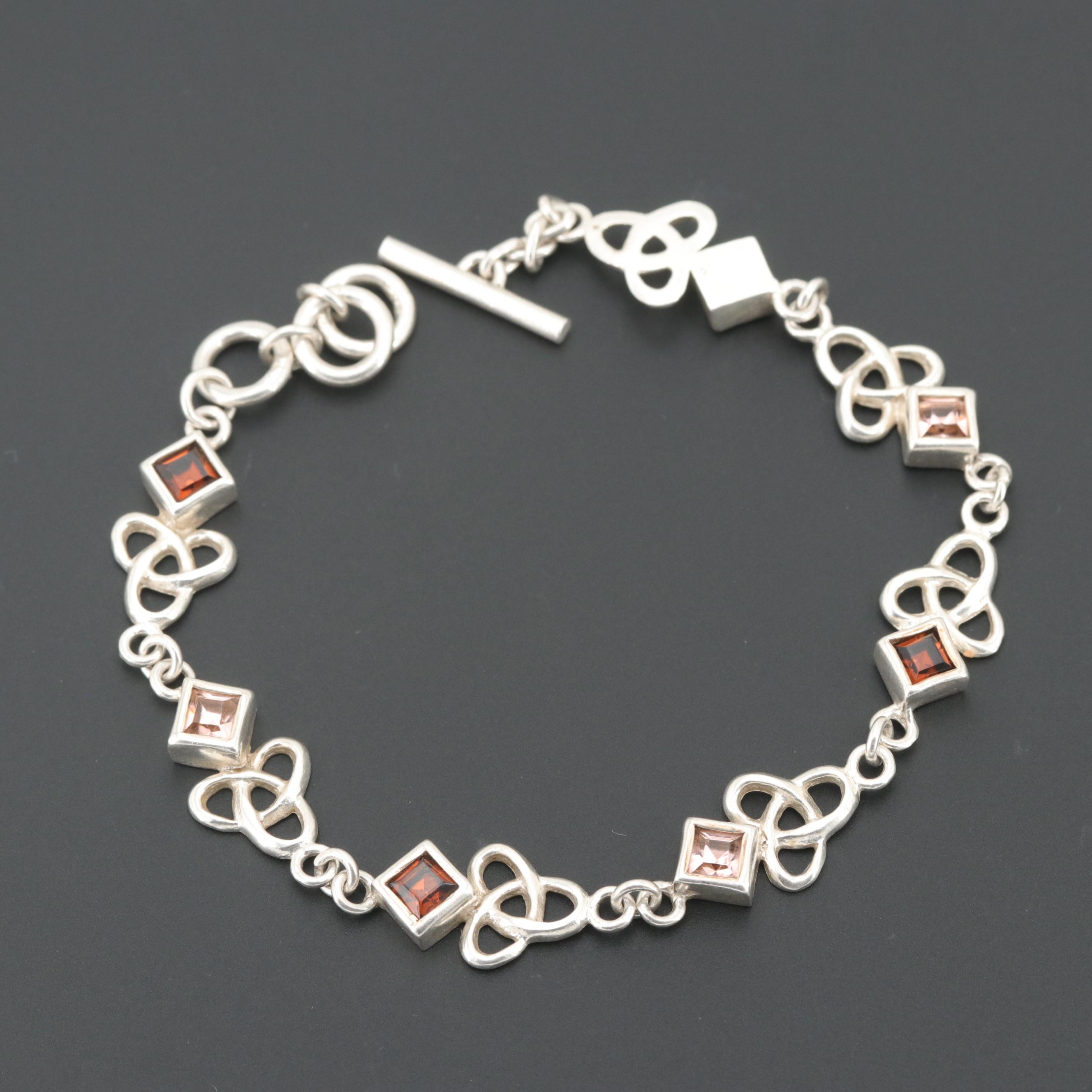 Sterling Silver Faceted Glass Trefoil Knot Link Bracelet