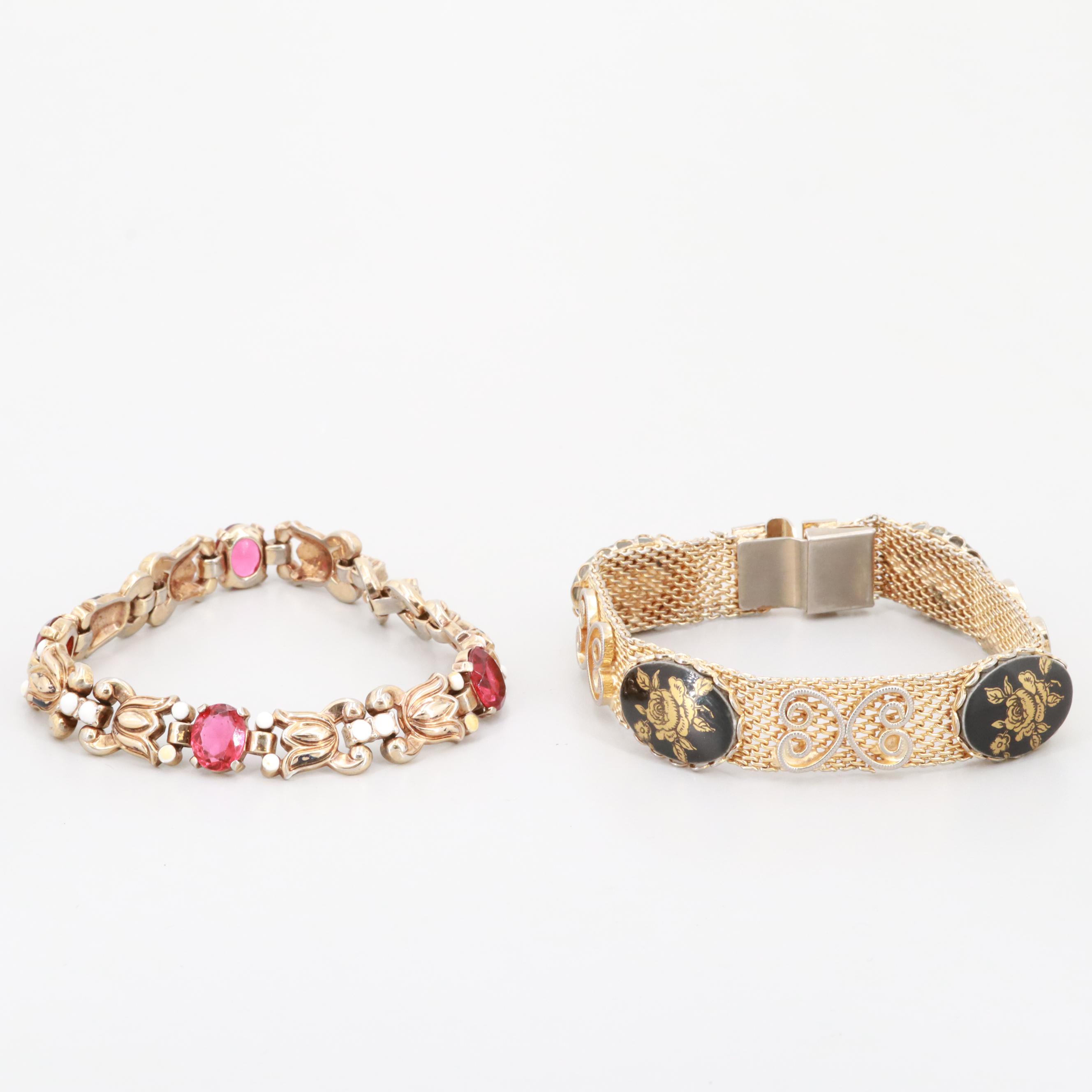 Gold Tone Enamel and Glass Bracelets Featuring Circa 1955 Trifari