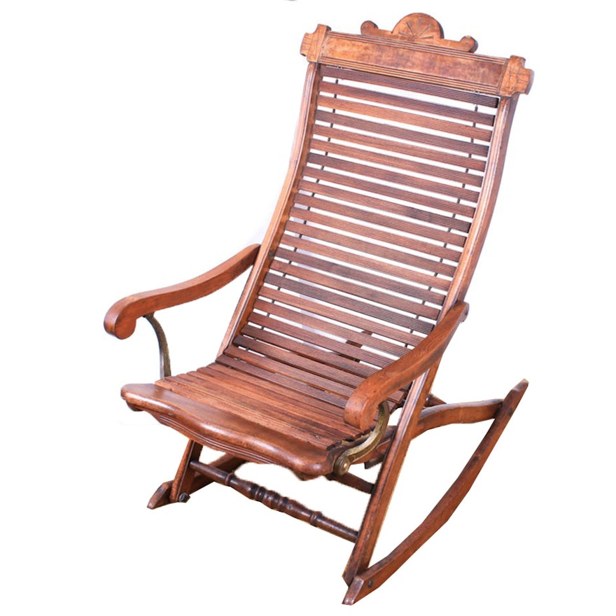 Victorian Walnut Collapsible Slatted Back Rocking Chair, Late 19th Century