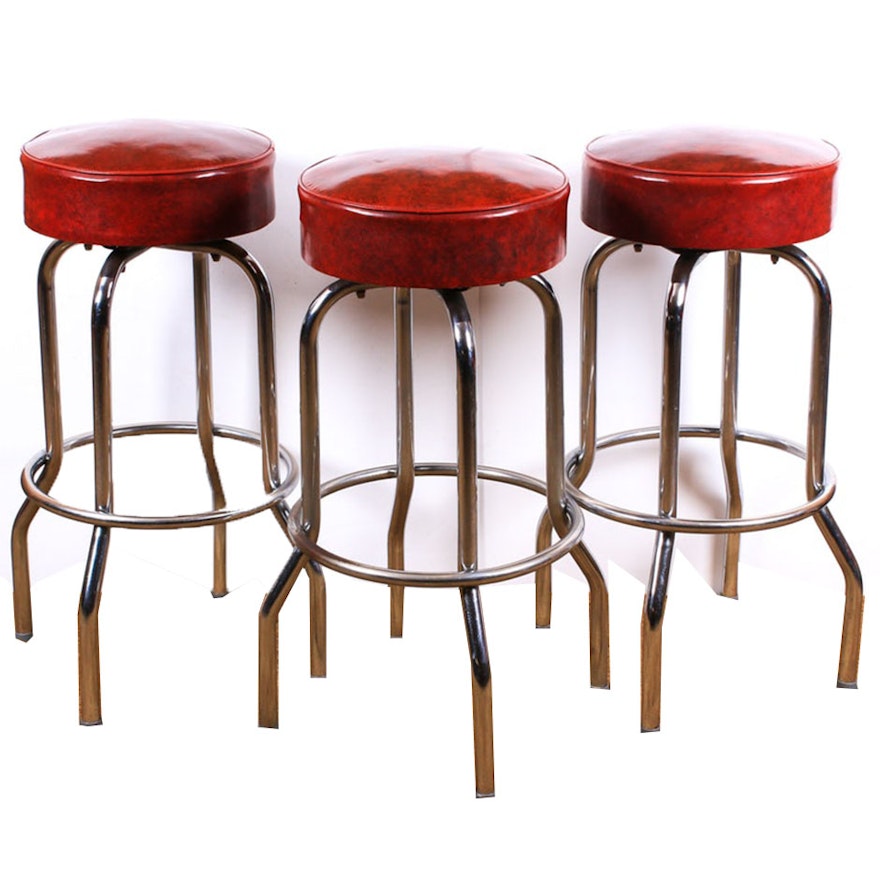 Vinyl Upholstered Chromed Steel Swivel Bar Stools, Set of Three