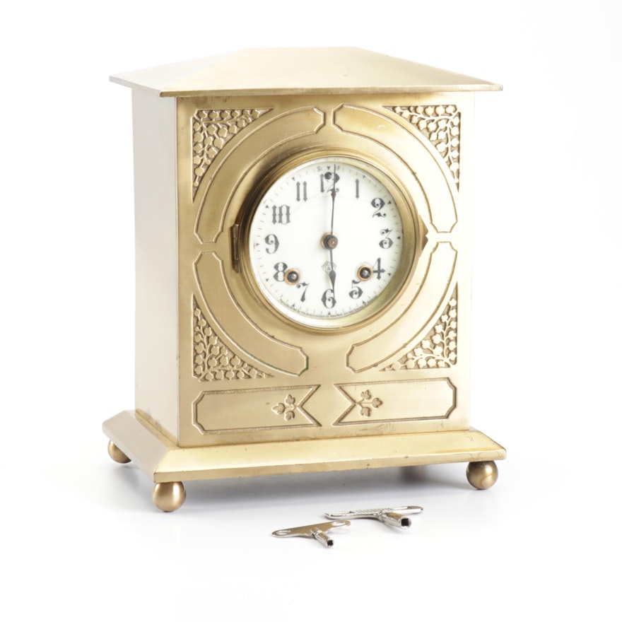 Ansonia Brass Case Mantel Clock with Porcelain Face