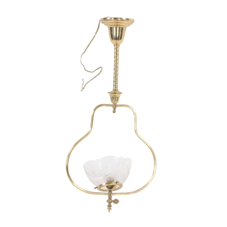 Brass Finish and Etched Glass Gas Light Style Ceiling Pendant