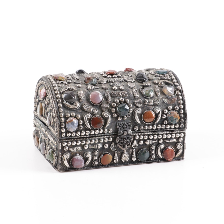 Indian Repoussé Brass and Gemstone Inlay Jewelry Box