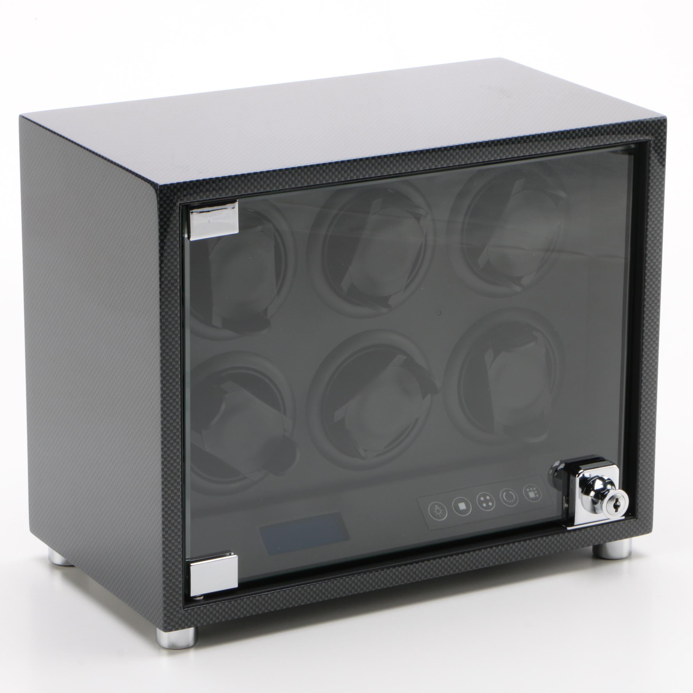 Bey-Berk Gloss Automatic Six Watch Winder with "Carbon Fiber" Lacquer Finish