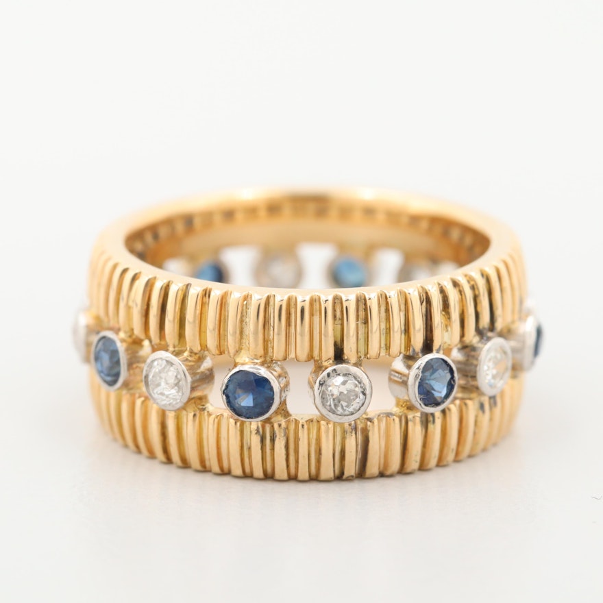 14K Yellow Gold Diamond and Blue Sapphire Eternity Band with White Gold Accents