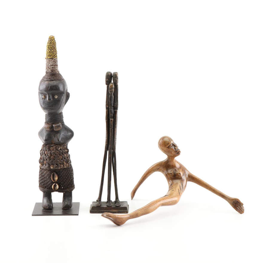 Cast Bronze and Carved Wood African Tribal Sculptures