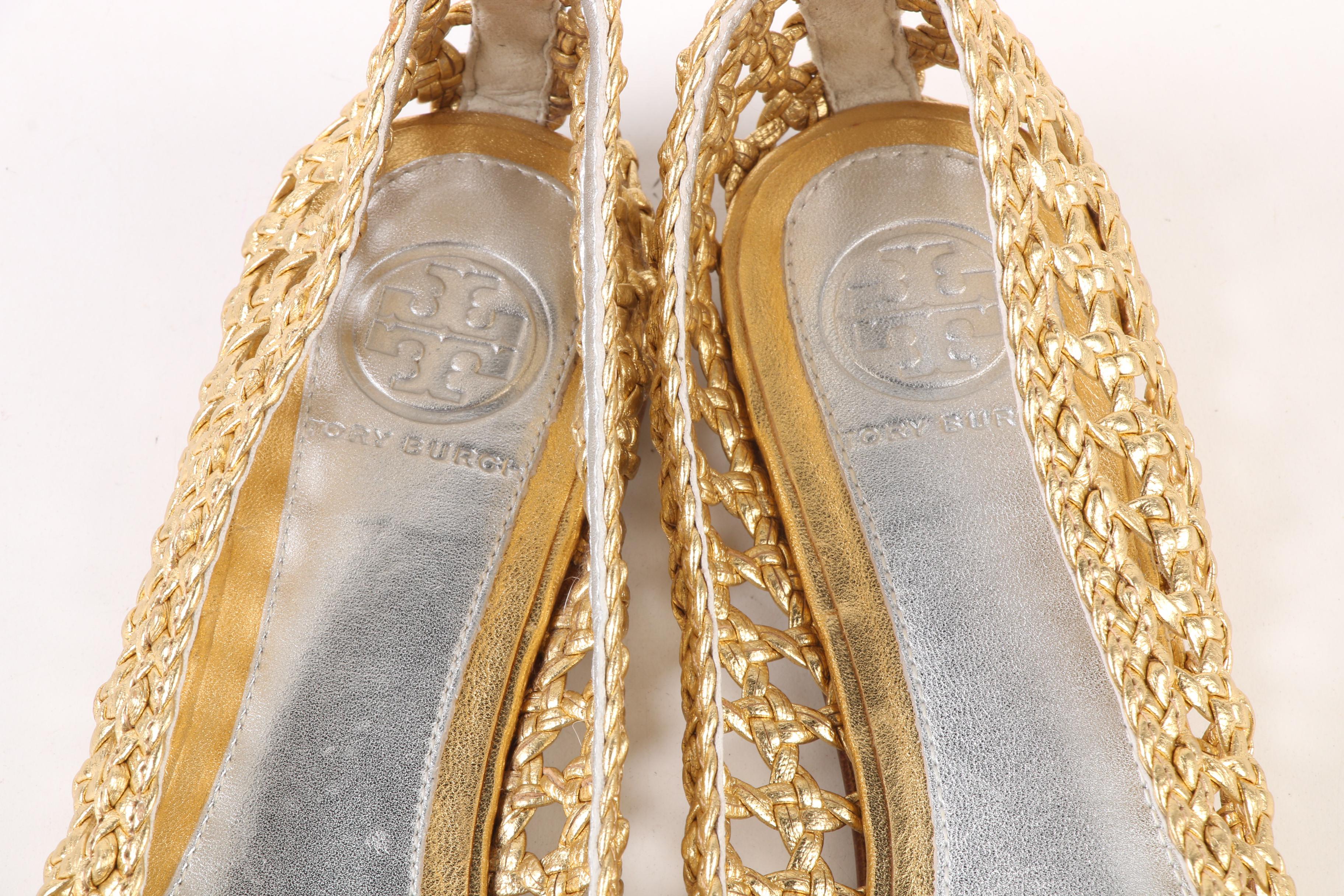 Tory Burch Carlyle Bow Top Flats in Open Weave Metallic Gold and Silver Leather