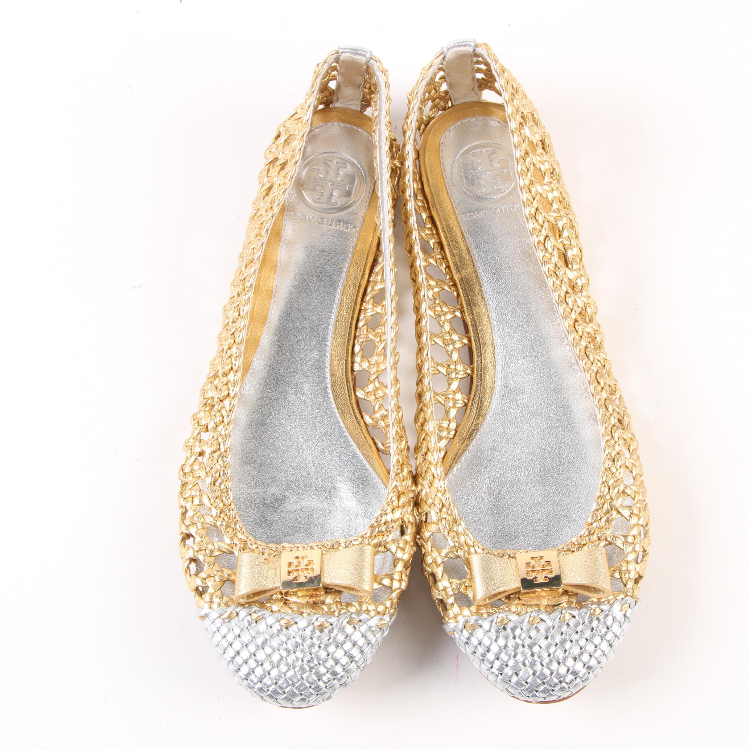 Tory Burch Carlyle Bow Top Flats in Open Weave Metallic Gold and Silver Leather