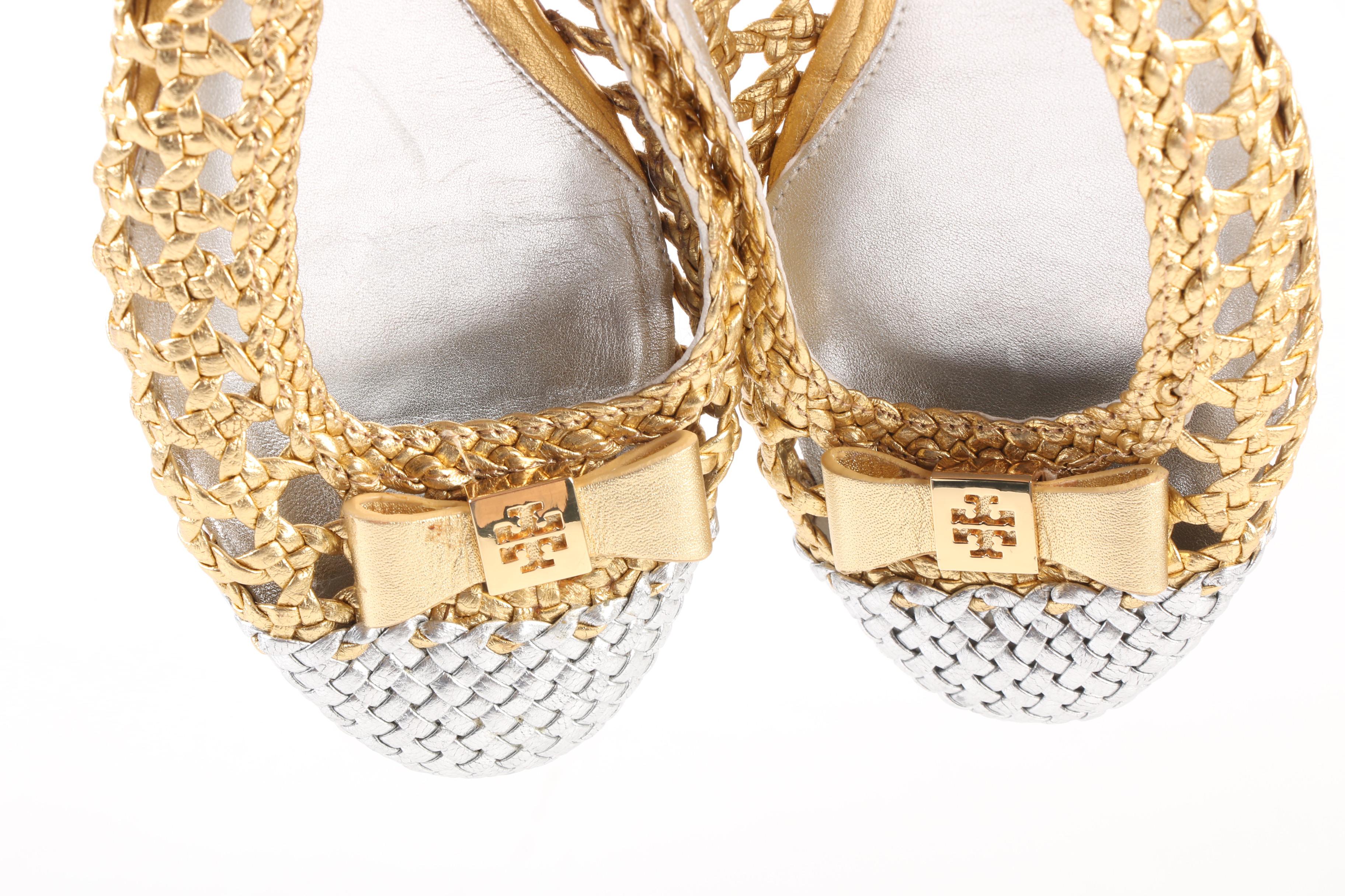 Tory Burch Carlyle Bow Top Flats in Open Weave Metallic Gold and Silver Leather