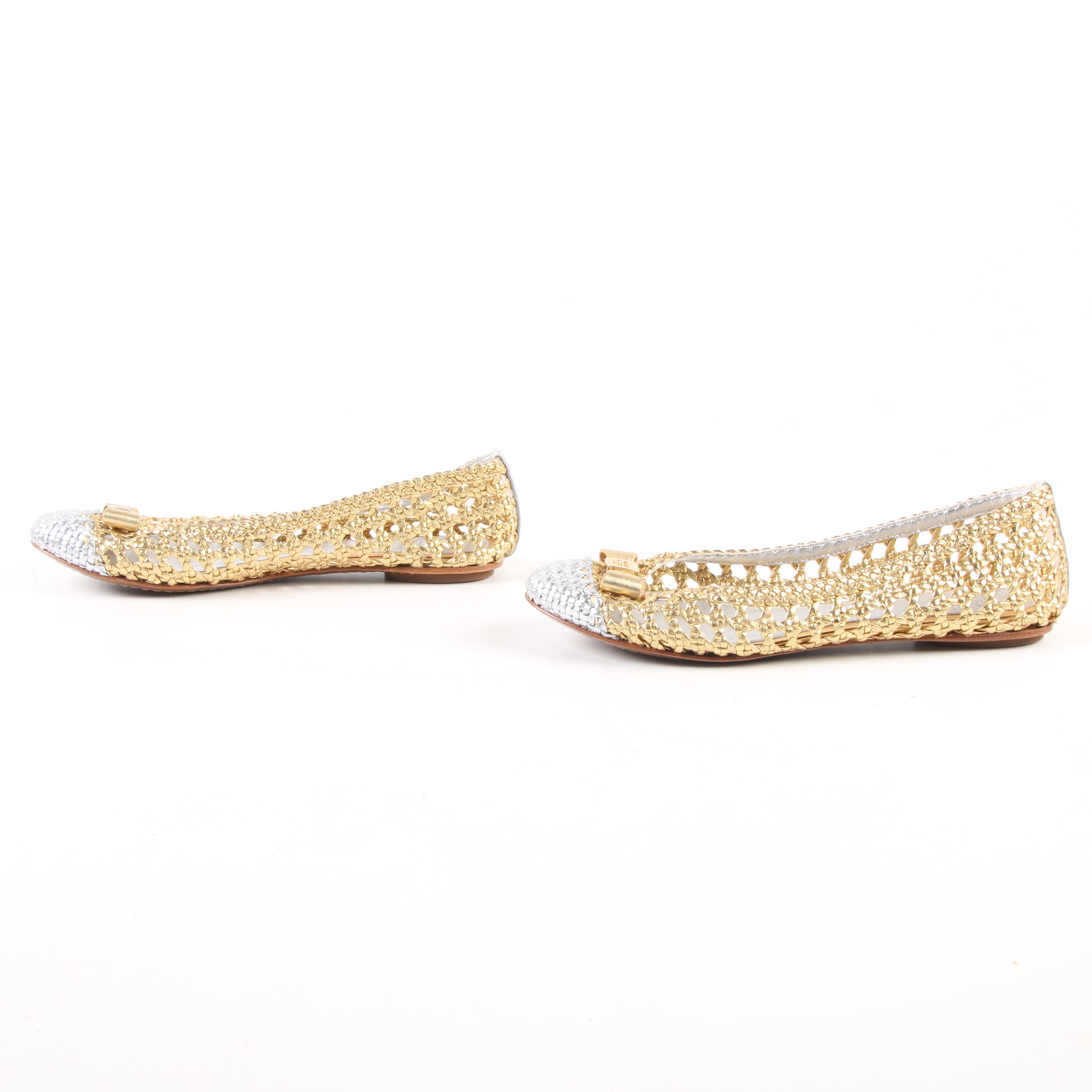 Tory Burch Carlyle Bow Top Flats in Open Weave Metallic Gold and Silver Leather