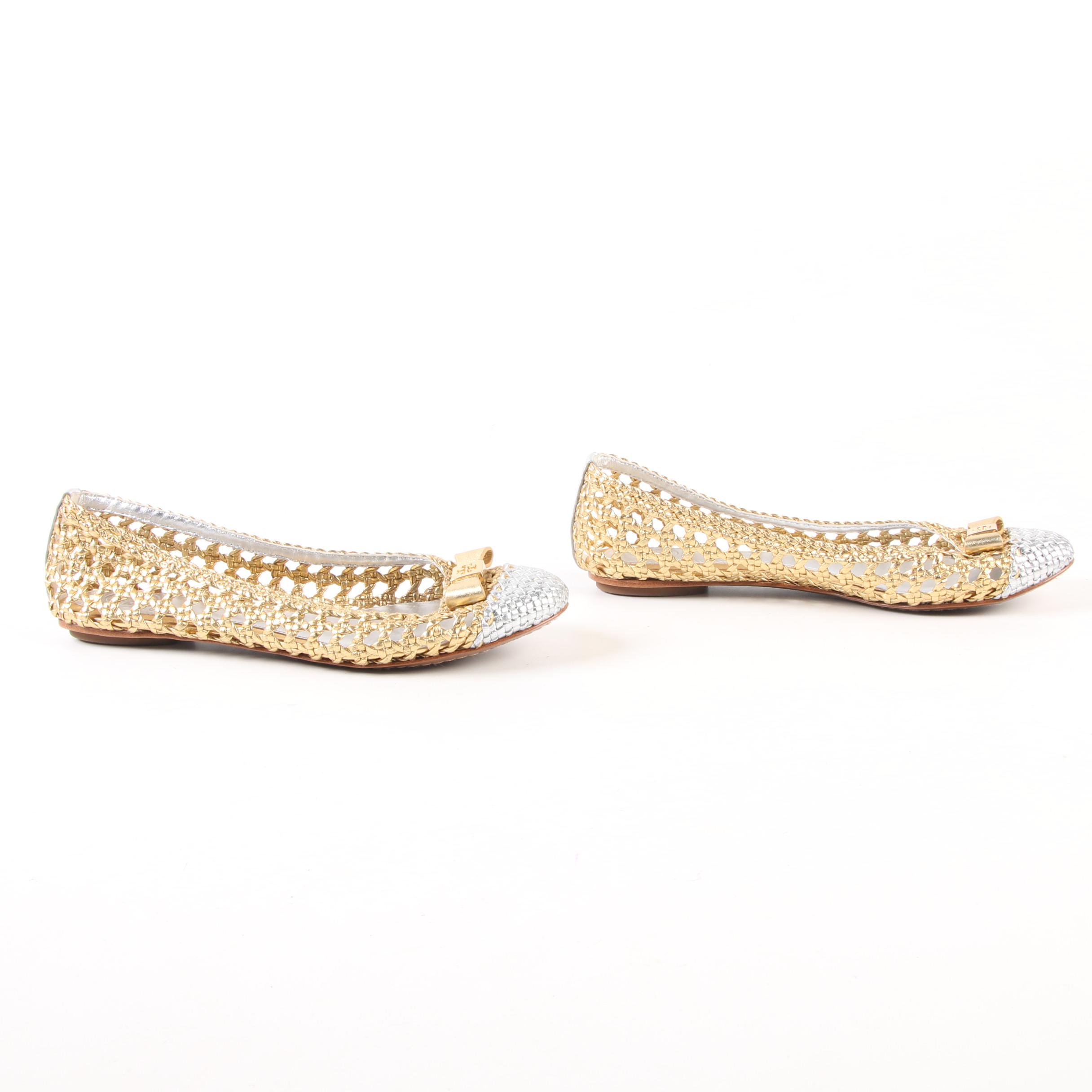 Tory Burch Carlyle Bow Top Flats in Open Weave Metallic Gold and Silver Leather