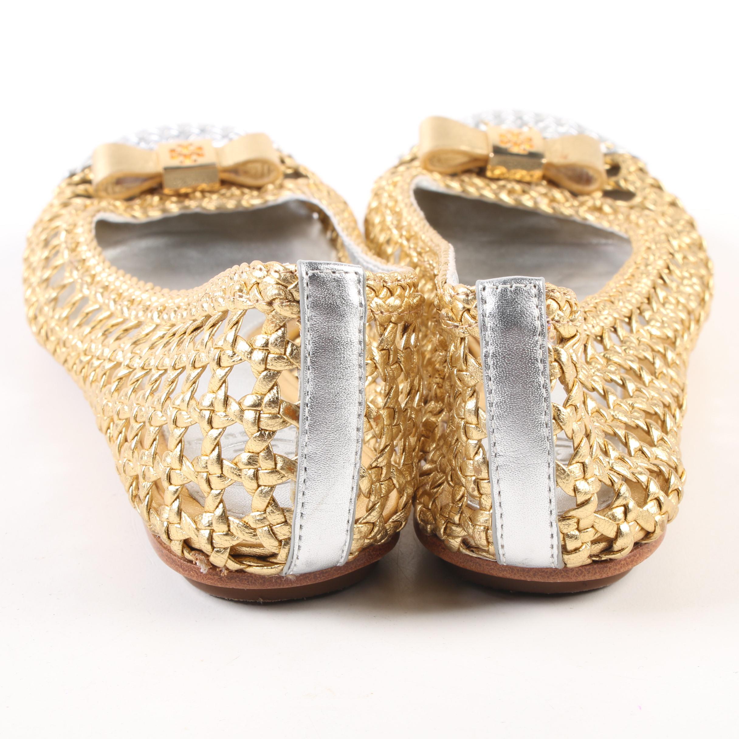 Tory Burch Carlyle Bow Top Flats in Open Weave Metallic Gold and Silver Leather