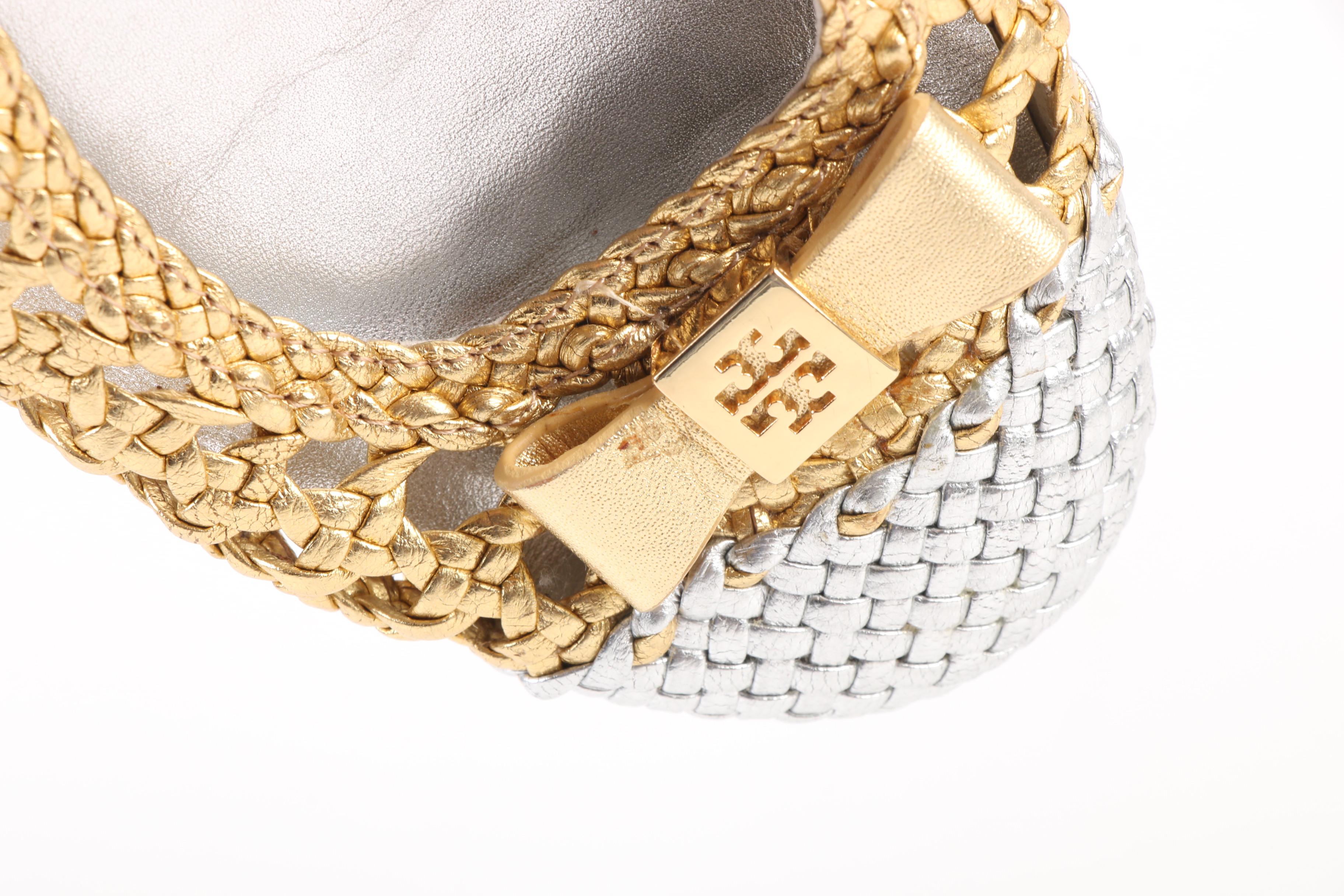 Tory Burch Carlyle Bow Top Flats in Open Weave Metallic Gold and Silver Leather