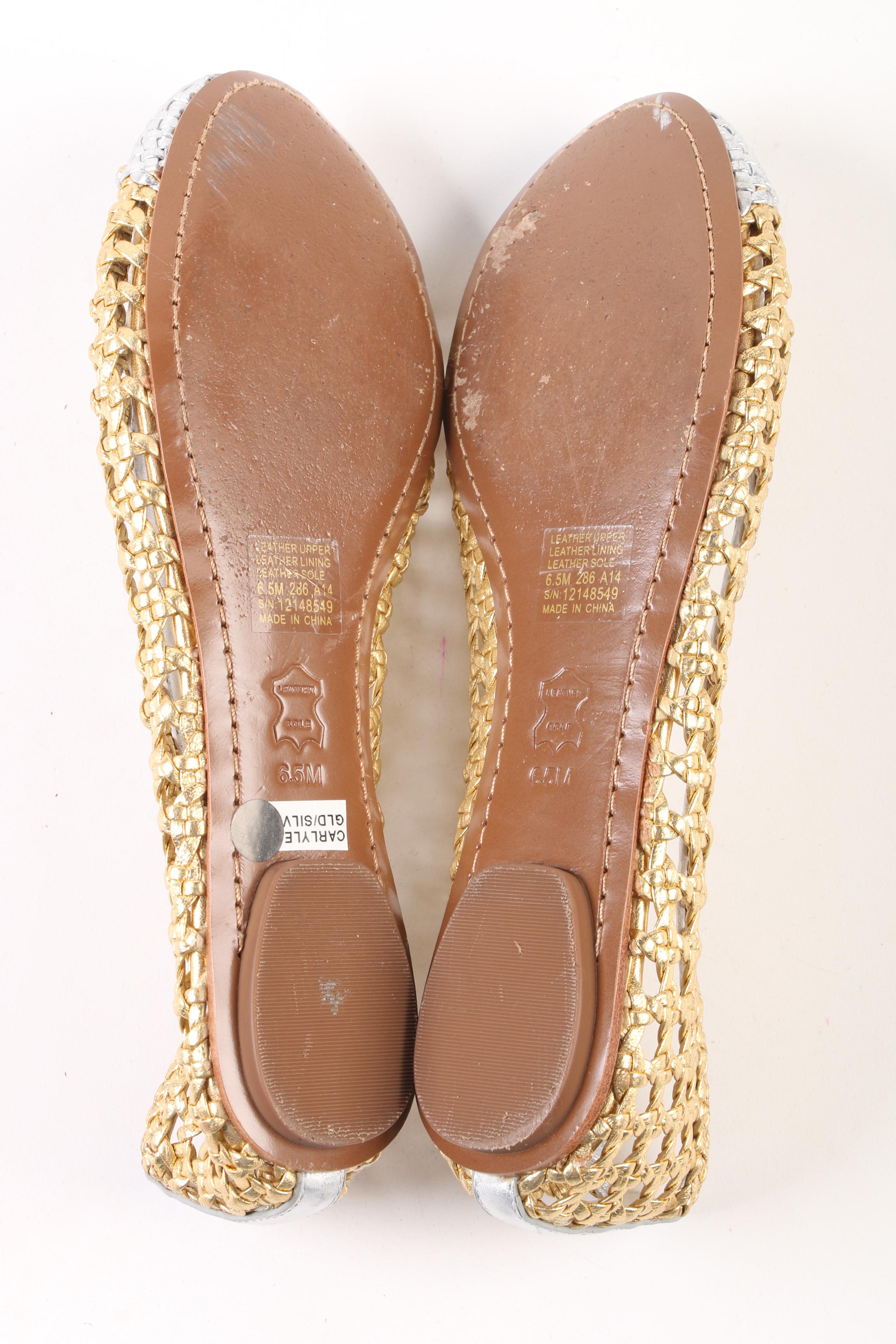 Tory Burch Carlyle Bow Top Flats in Open Weave Metallic Gold and Silver Leather