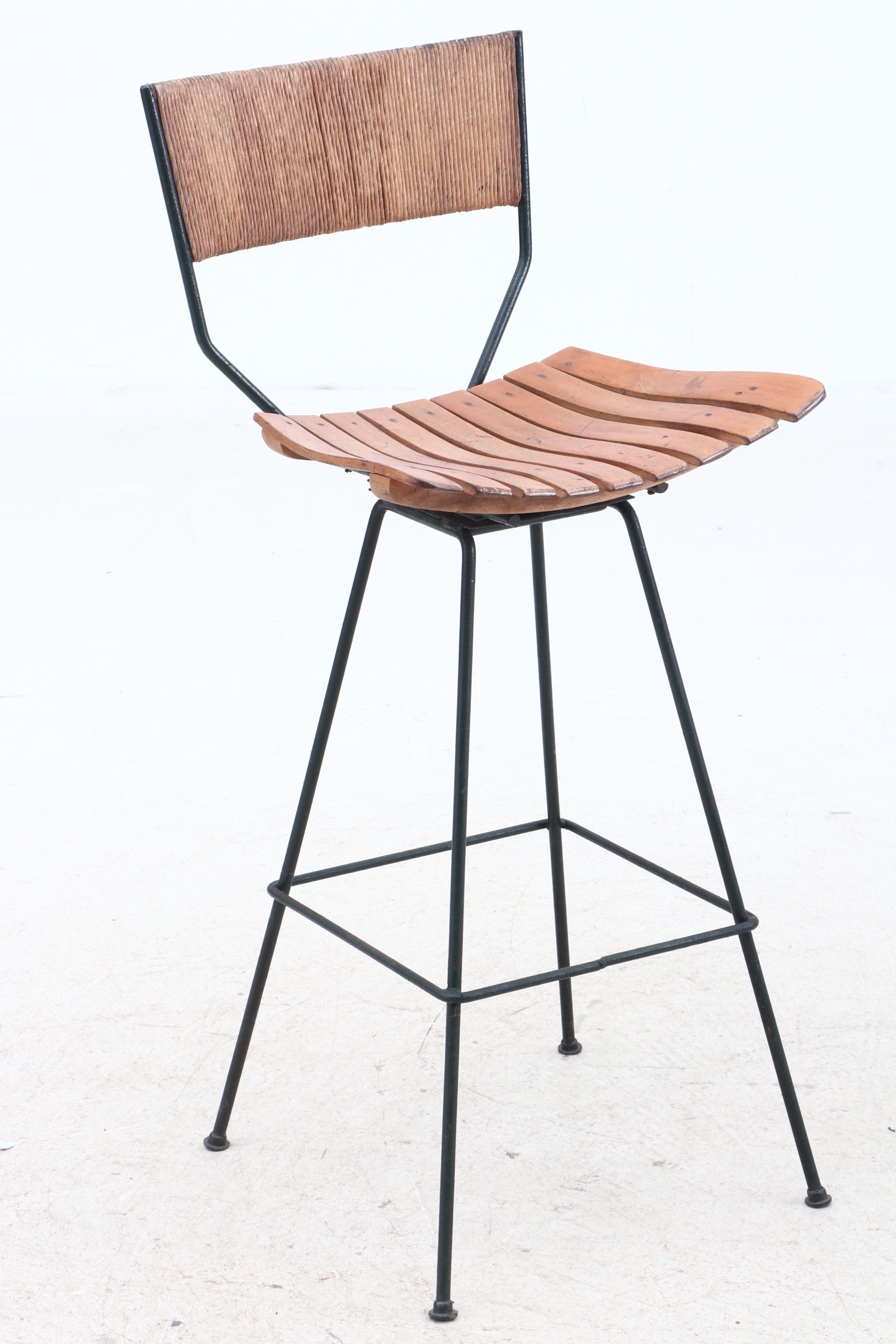 Mid Century Modern Maple Seat Metal Frame Counter Height Chairs