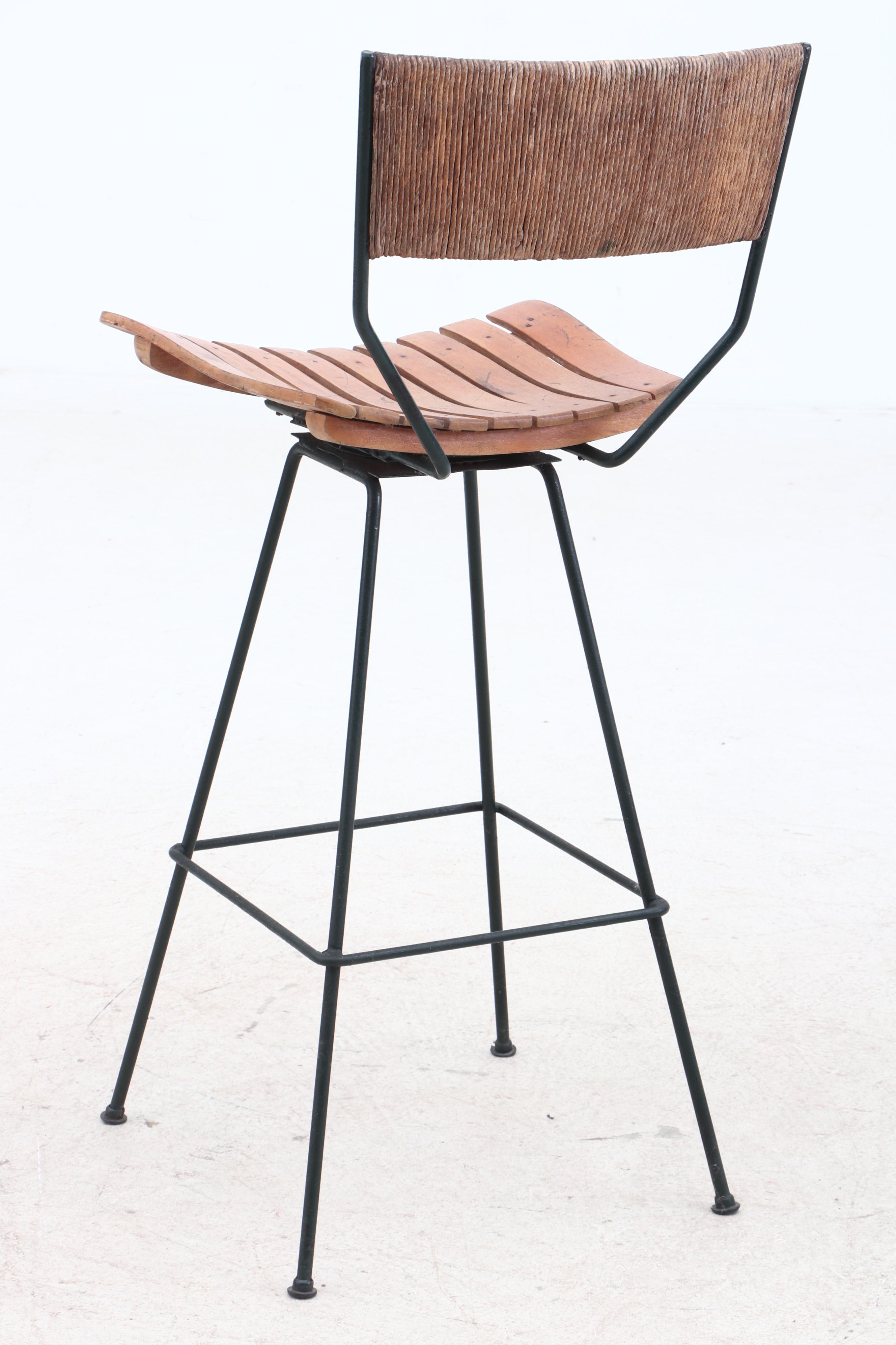 Mid Century Modern Maple Seat Metal Frame Counter Height Chairs