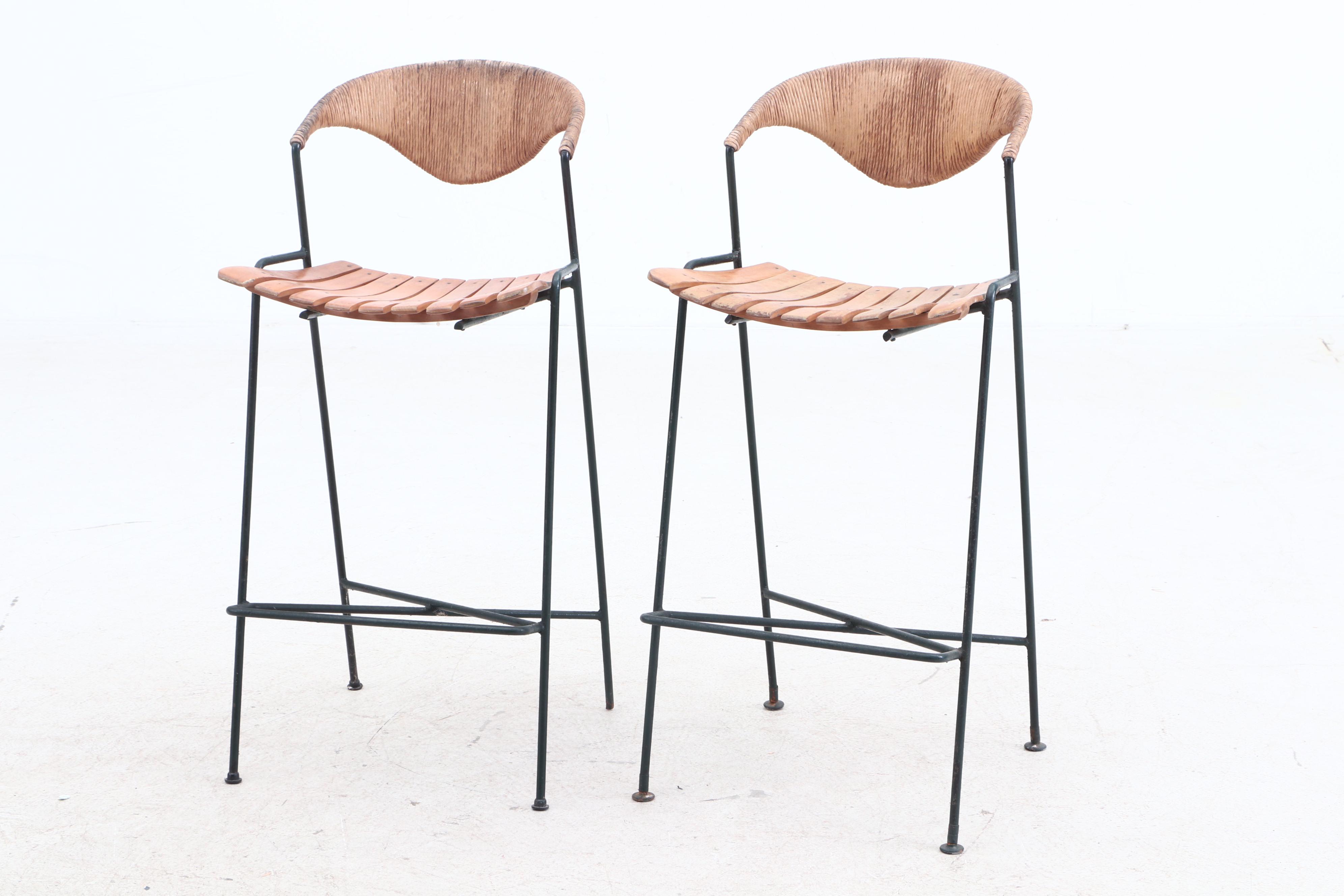 Mid Century Modern Maple Seat Metal Frame Counter Height Chairs