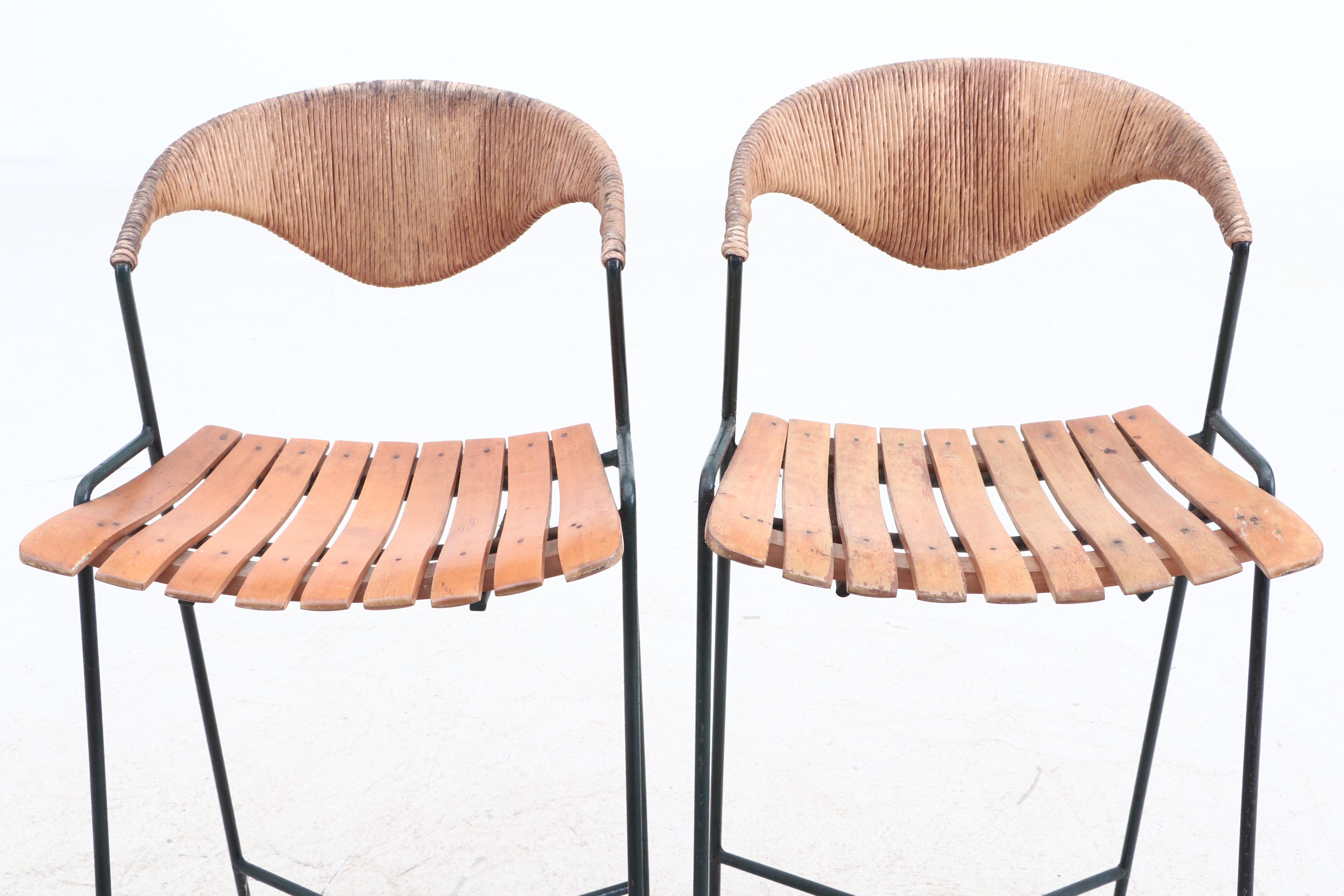 Mid Century Modern Maple Seat Metal Frame Counter Height Chairs