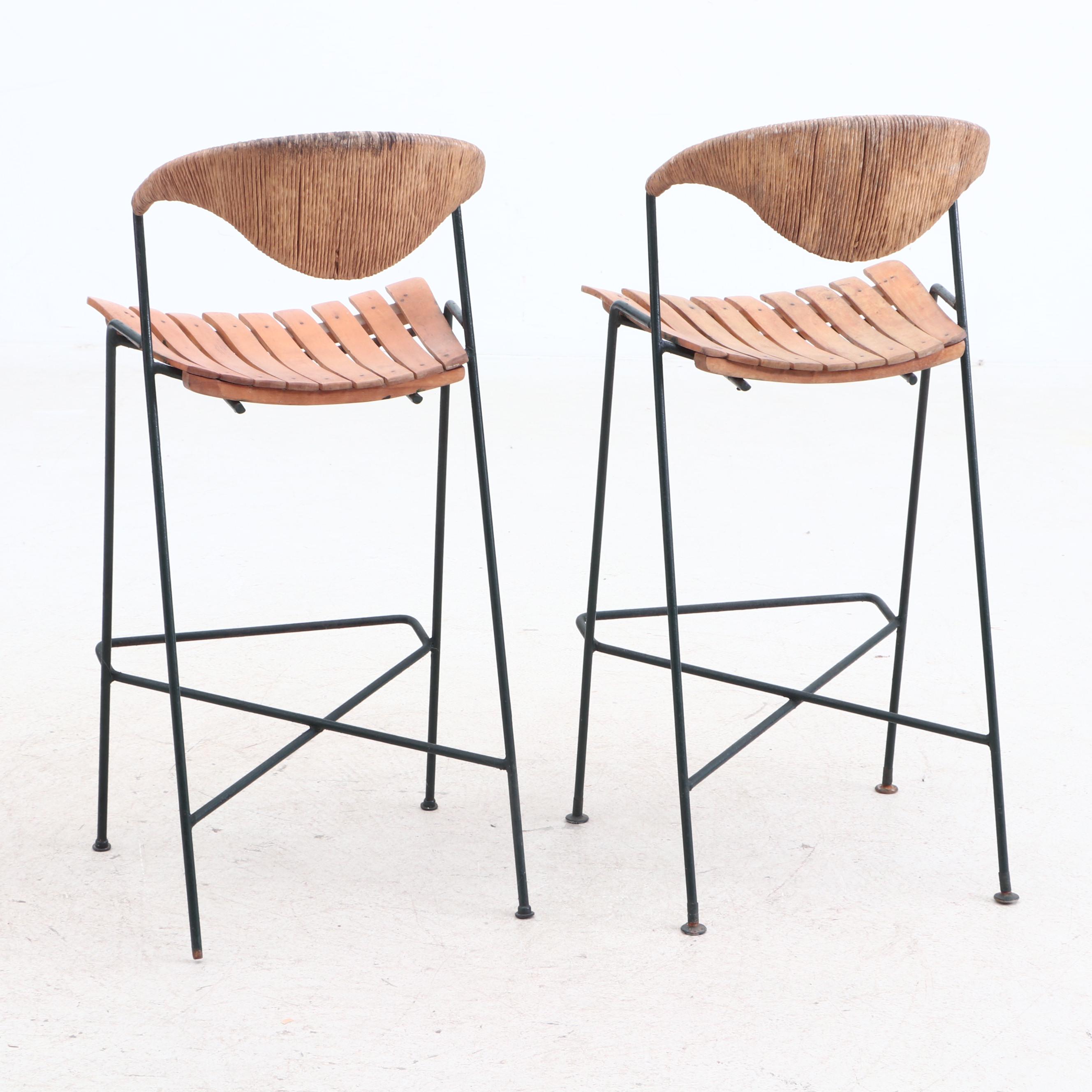 Mid Century Modern Maple Seat Metal Frame Counter Height Chairs