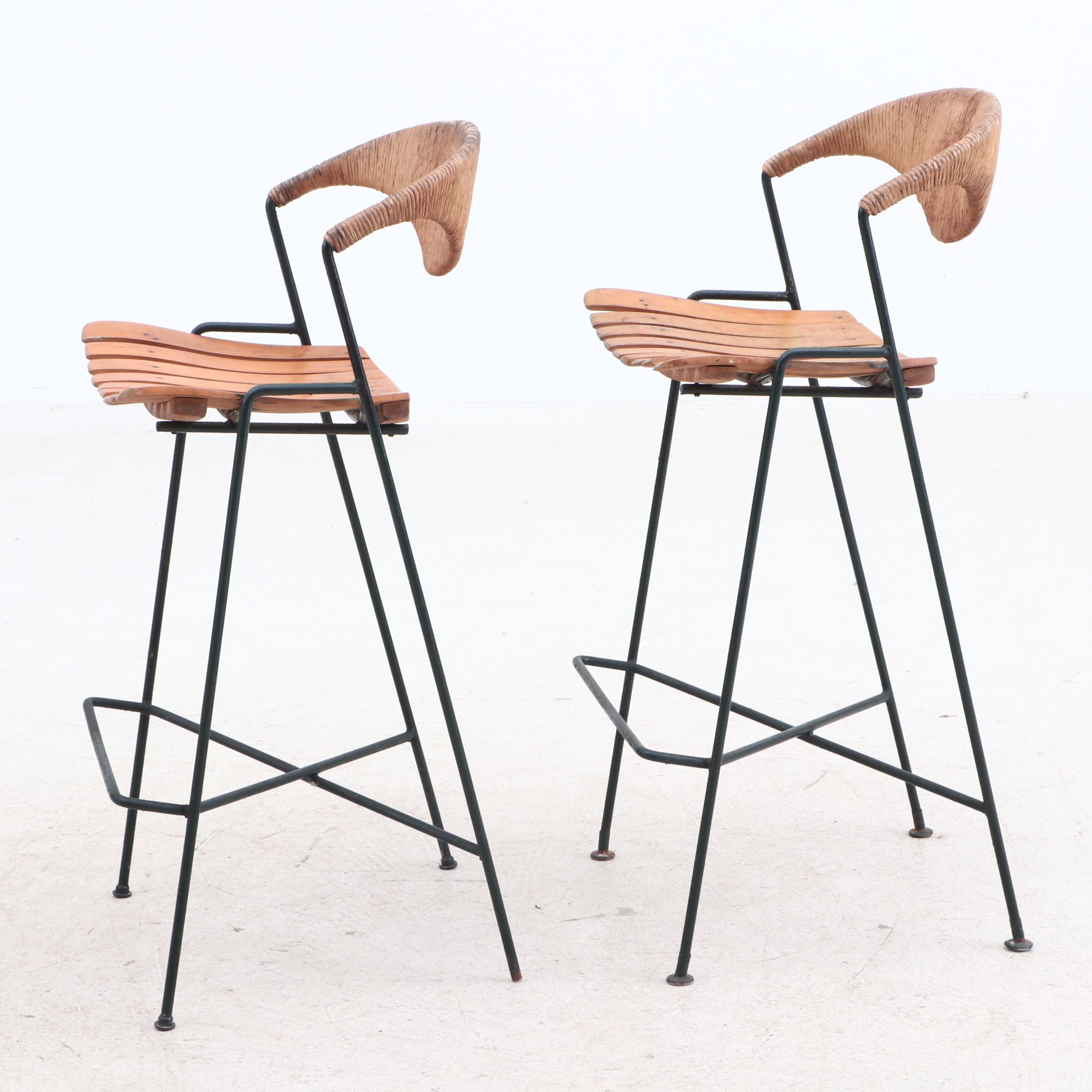 Mid Century Modern Maple Seat Metal Frame Counter Height Chairs