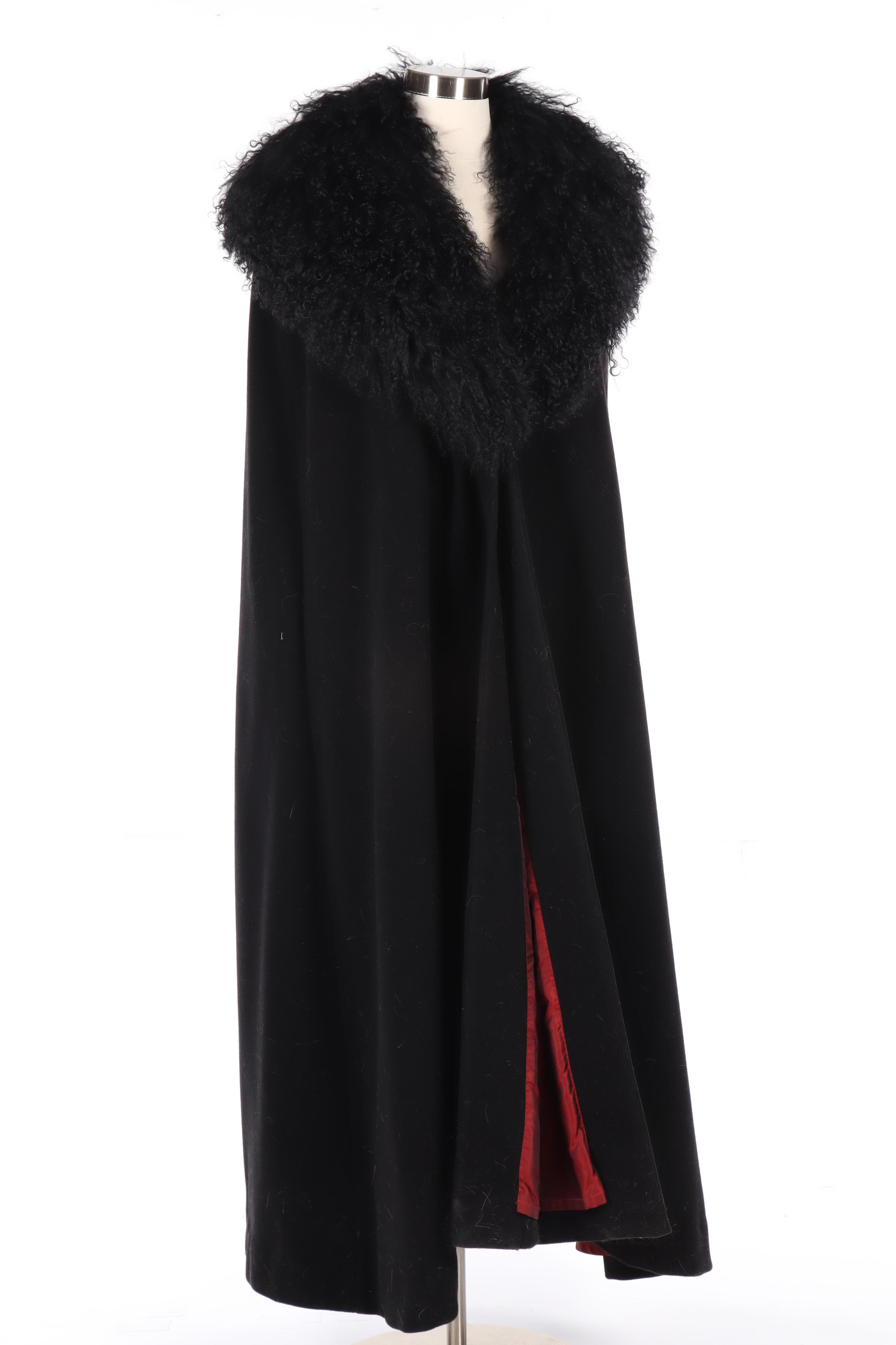 J. Peterman Black Wool and Cashmere Cloak with Mongolian Curly Lamb Fur Trim