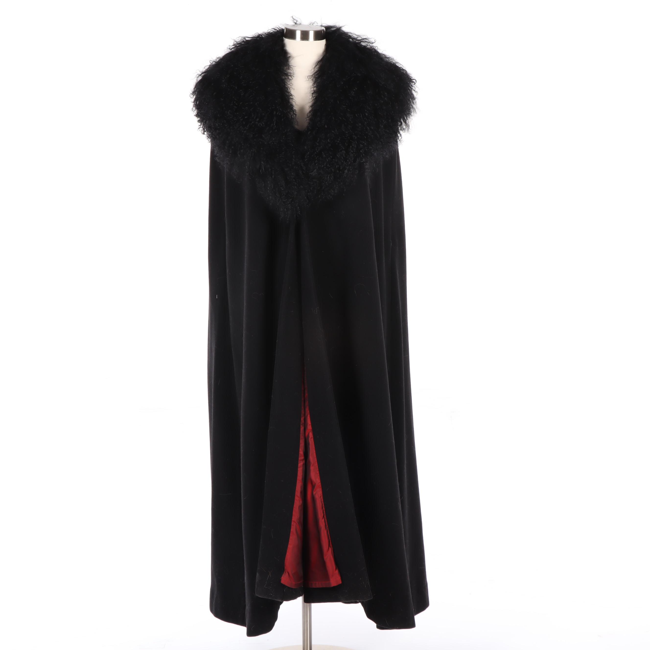 J. Peterman Black Wool and Cashmere Cloak with Mongolian Curly Lamb Fur Trim