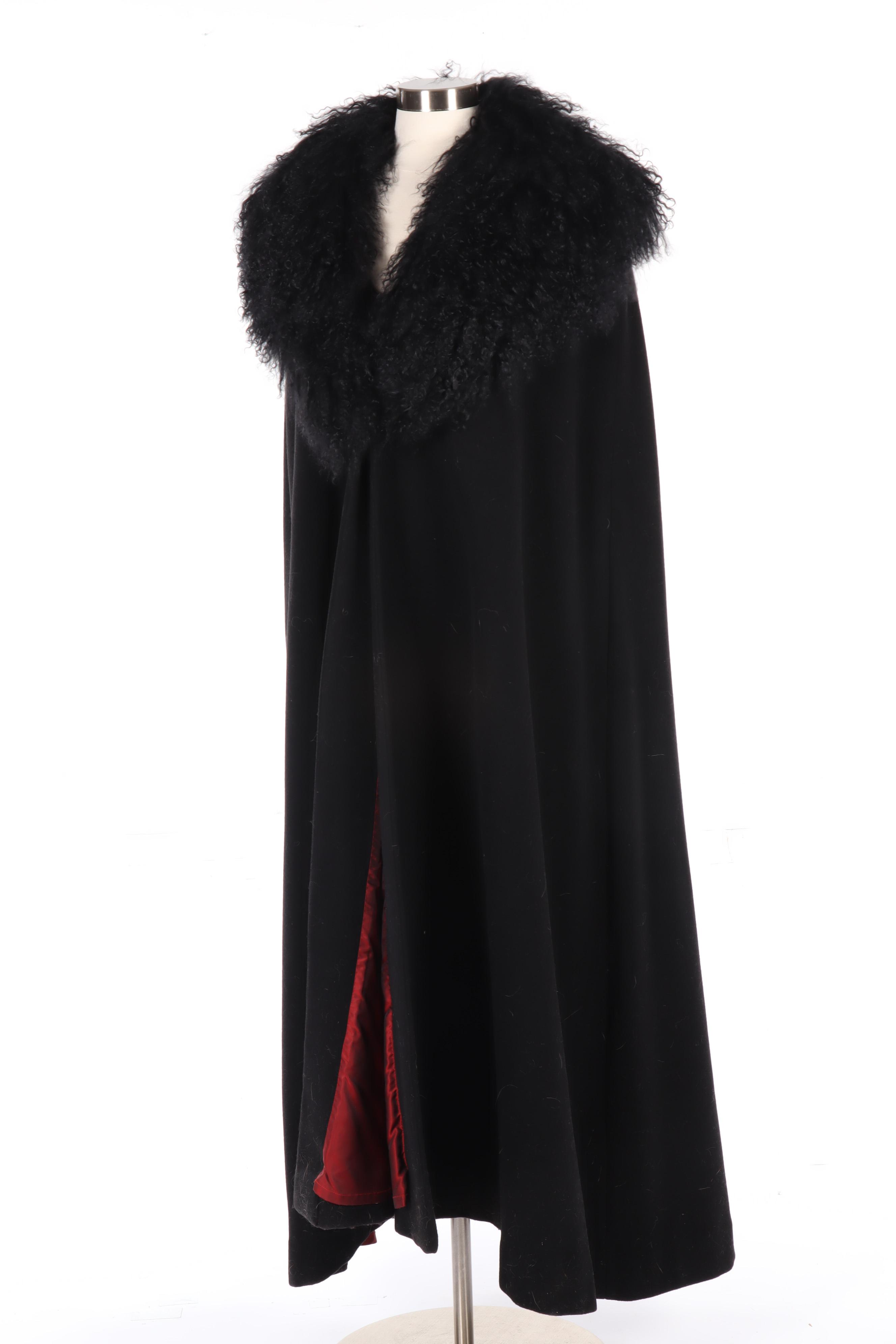 J. Peterman Black Wool and Cashmere Cloak with Mongolian Curly Lamb Fur Trim