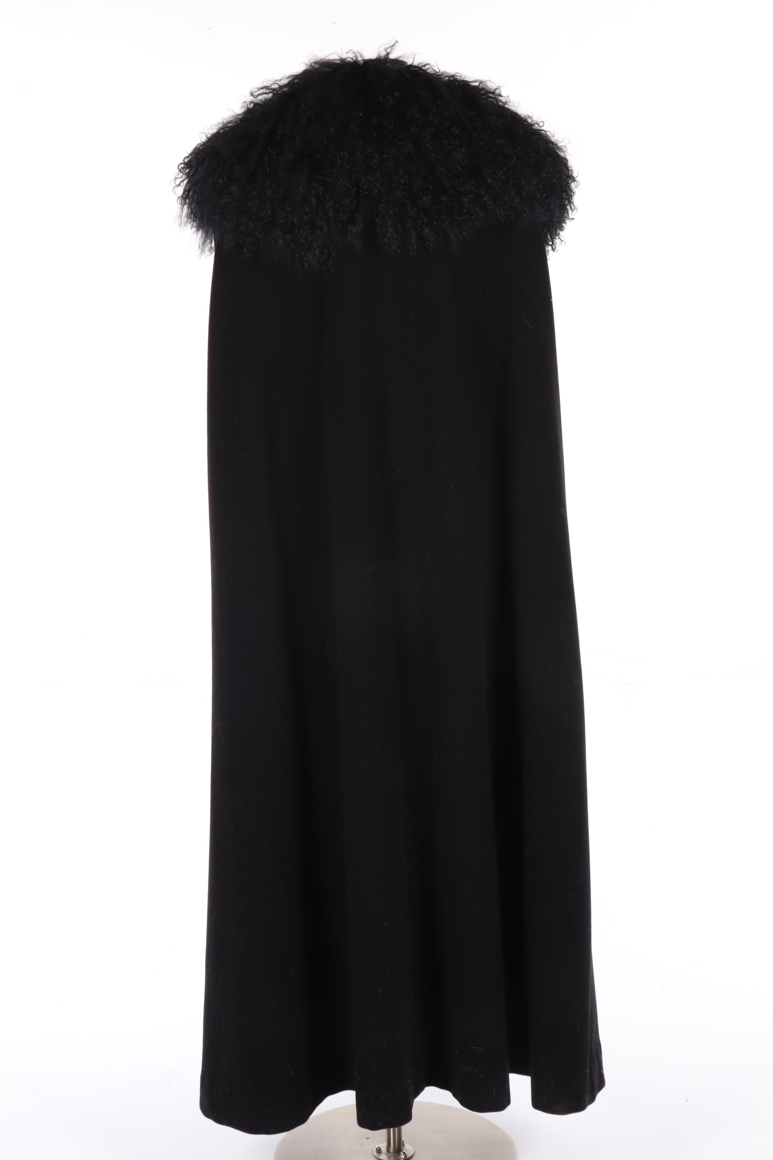J. Peterman Black Wool and Cashmere Cloak with Mongolian Curly Lamb Fur Trim