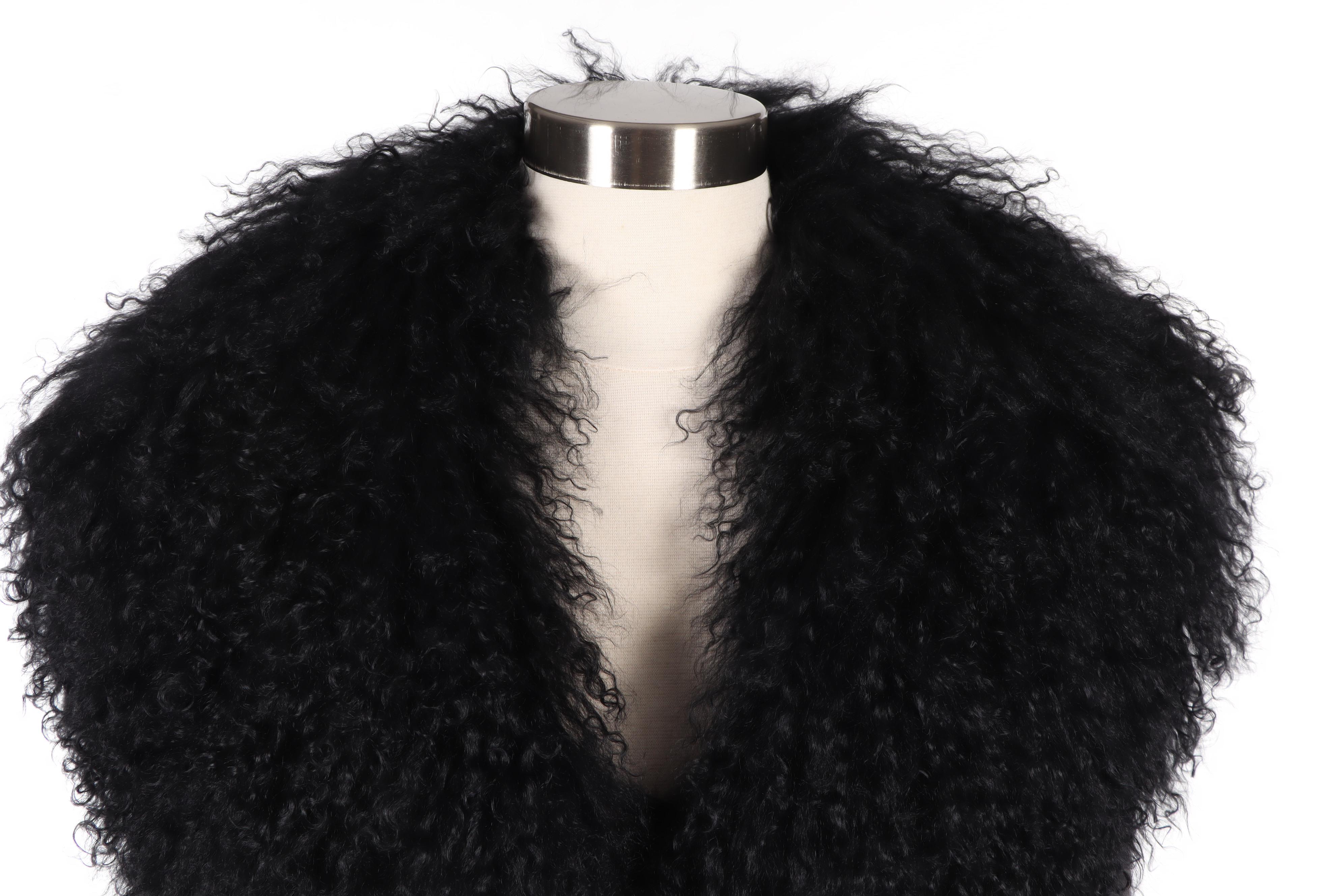 J. Peterman Black Wool and Cashmere Cloak with Mongolian Curly Lamb Fur Trim