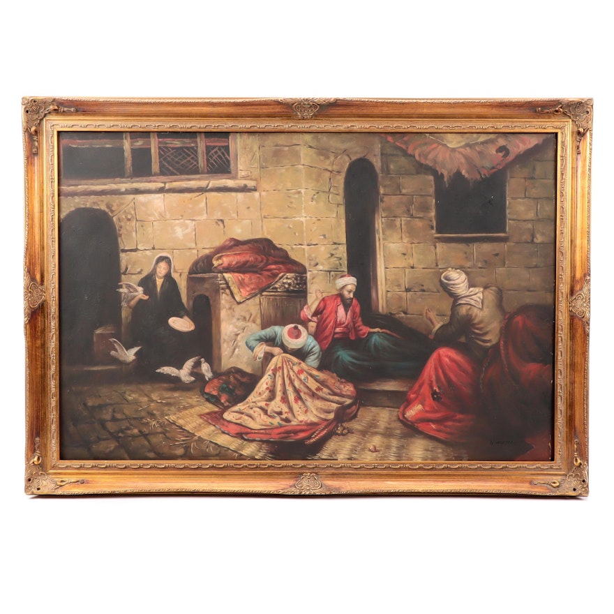 N. Mene Oil Painting of Indo-Persian Style Genre Scene