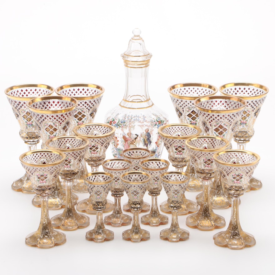 Bohemian Enameled and Gilt Cut Glass Stemware and Decanter, Late 19th Century