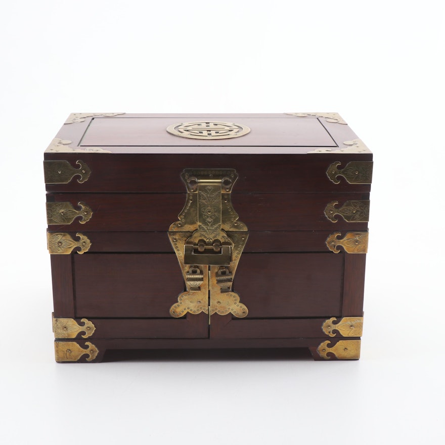 Chinese Brass and Wood Jewelry Box