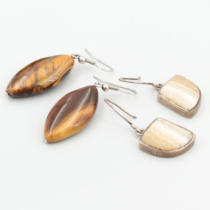 Sterling Silver and Silver Tone Tiger's Eye and Agate Earrings