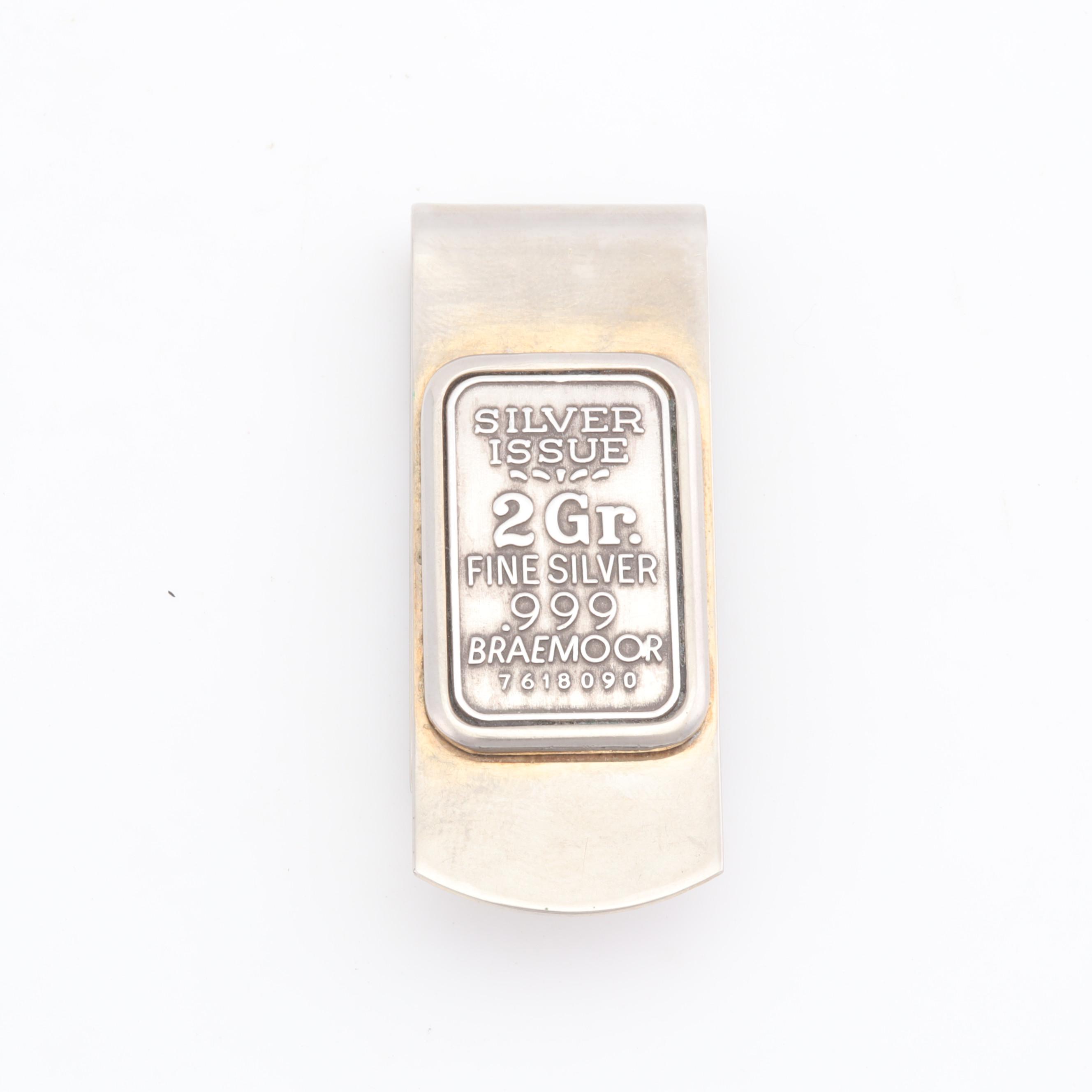 Money Clip with 2 Gram .999 Fine Silver Braemoor Bar Inlay