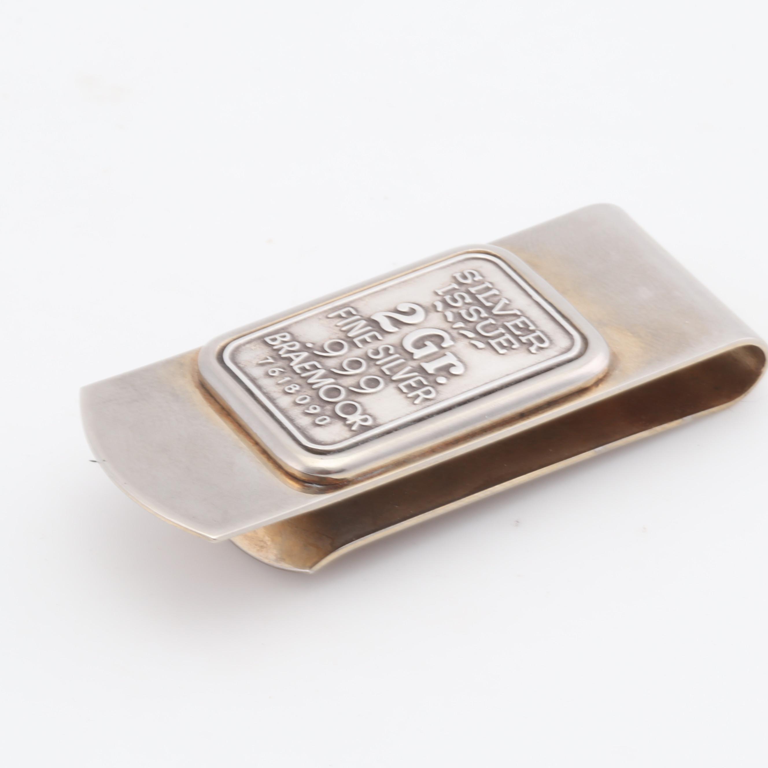 Money Clip with 2 Gram .999 Fine Silver Braemoor Bar Inlay