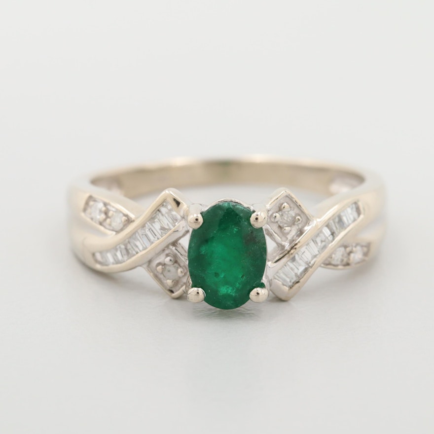 14K White Gold Emerald and Diamond Ring