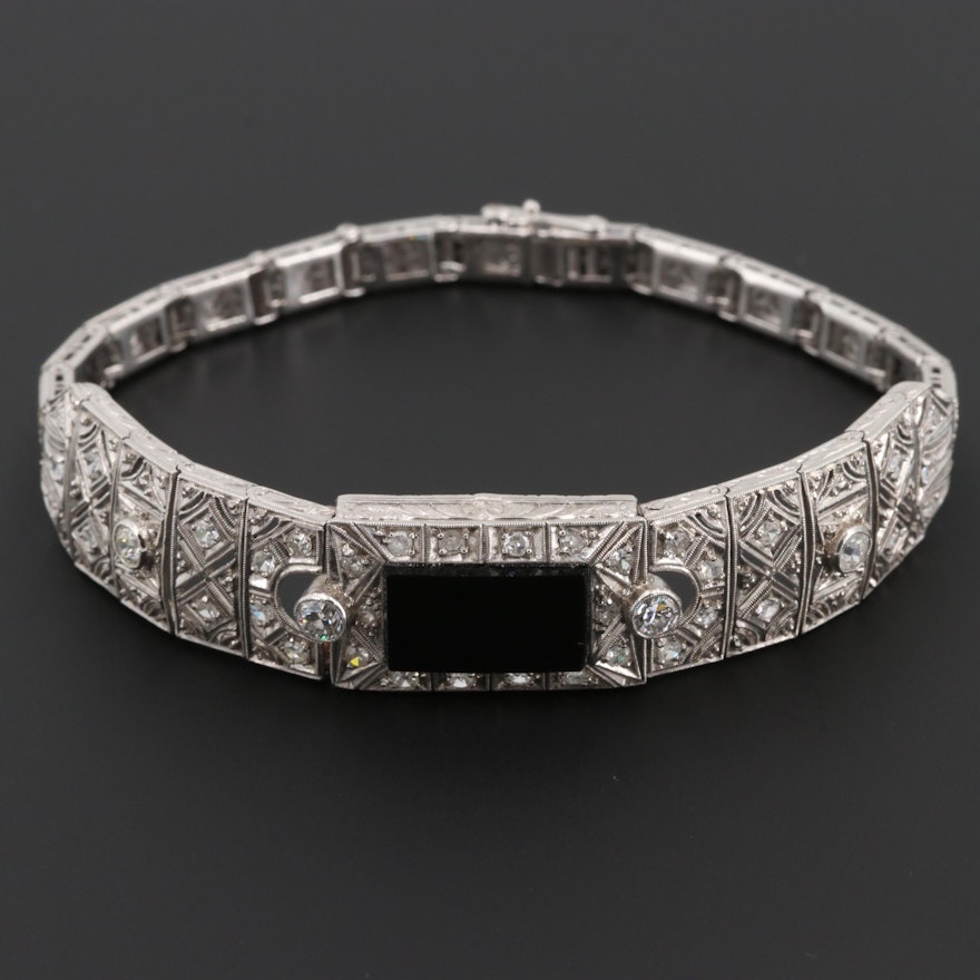 Art Deco Platinum Black Onyx and 1.33 CTW Diamond Bracelet with Milgrain Detail