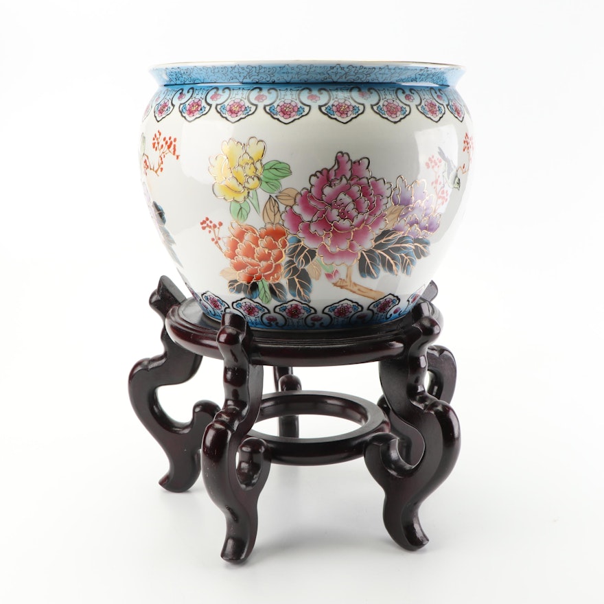 Chinese Hand-Painted Porcelain Planter on Stand