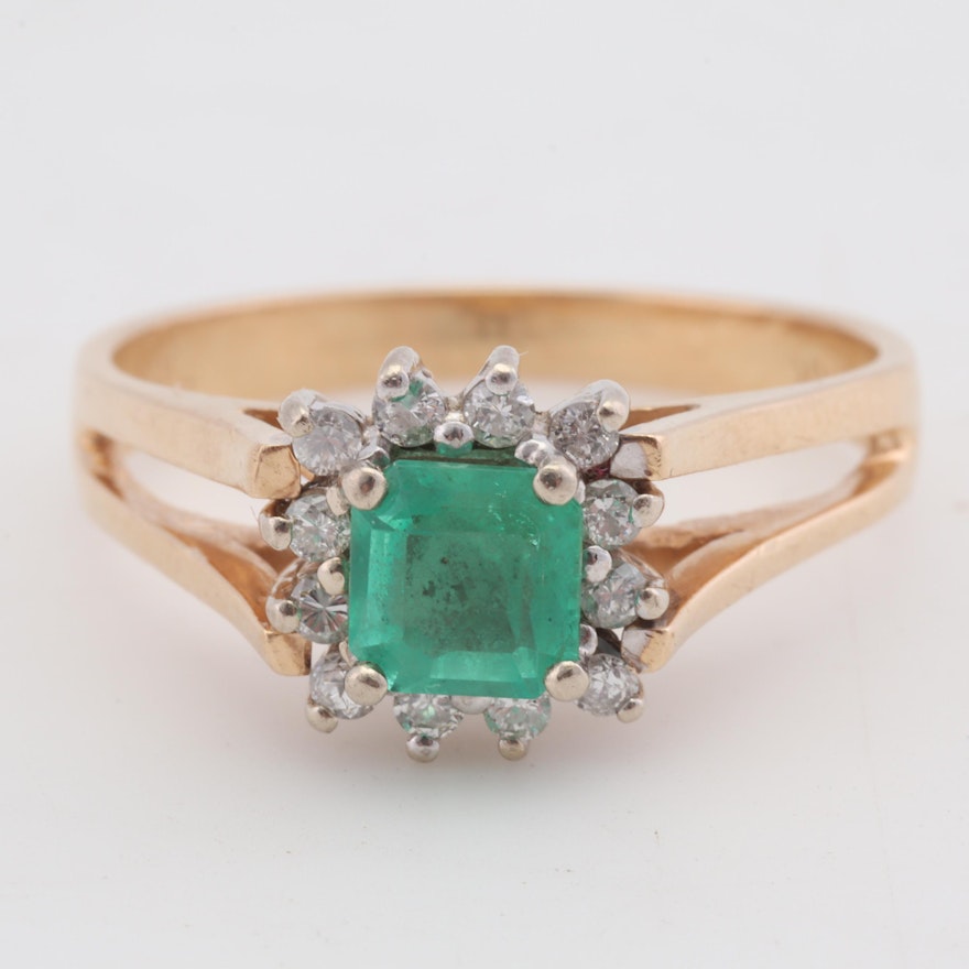 14K Yellow Gold Emerald and Diamond Halo Ring