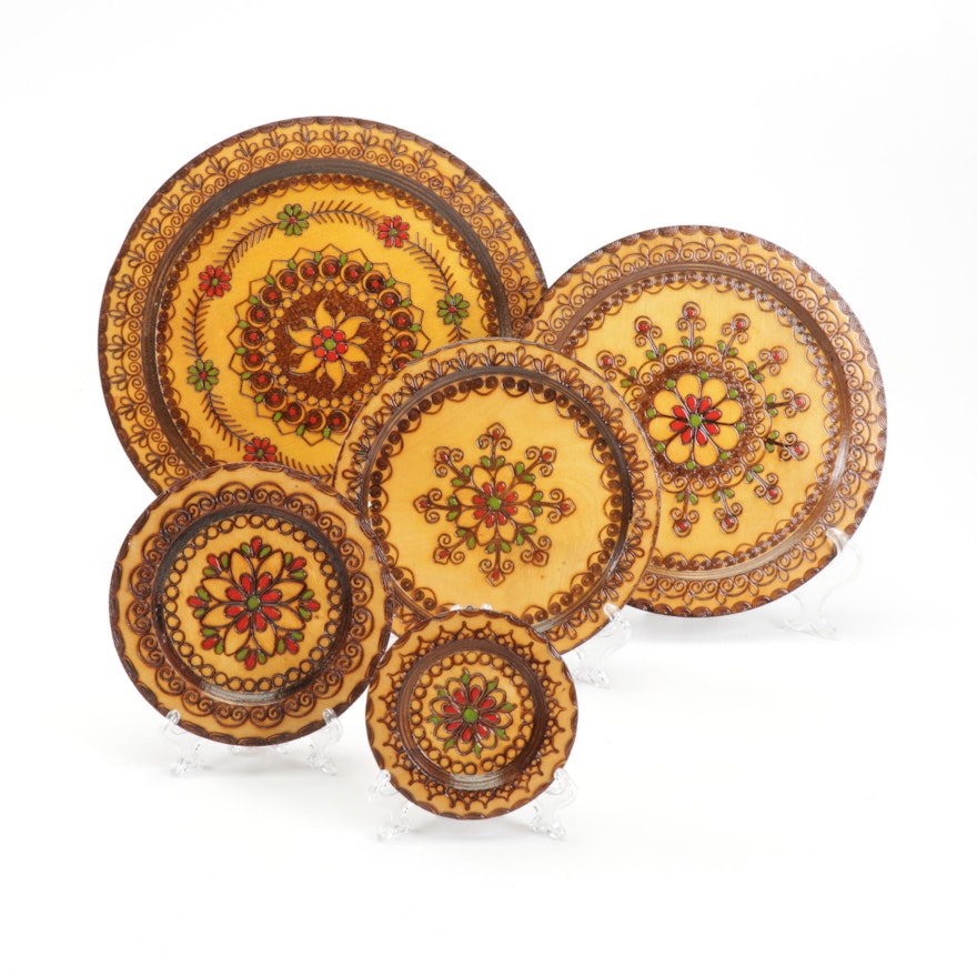 Polish Carved Wooden Folk Art Nesting Plates by Józef Kurek