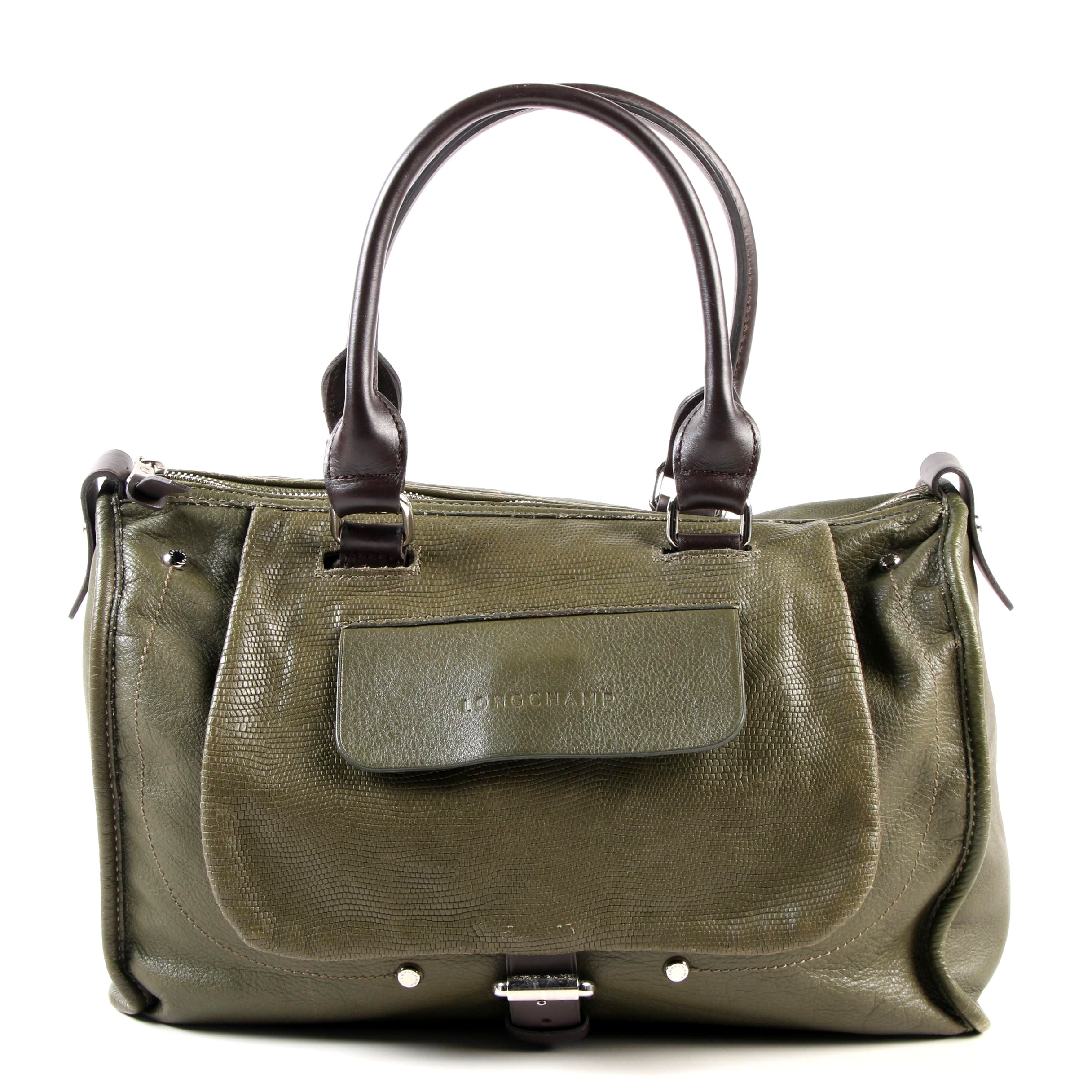 Longchamp Balzane Roots Satchel in Olive Green Leather with Brown Leather Handle
