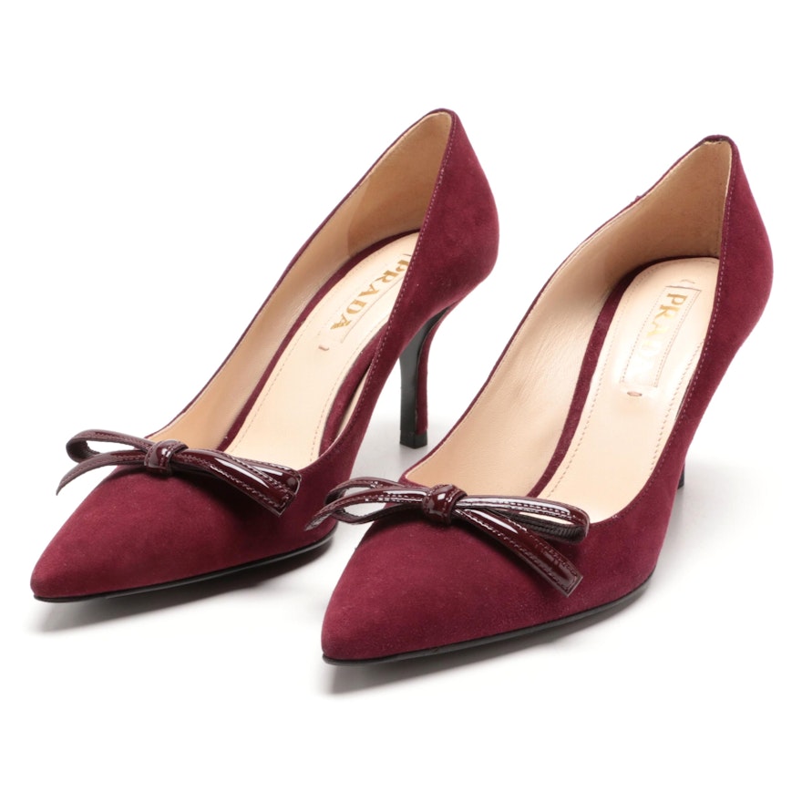 Prada Plum Suede Pumps with Patent Leather Bow