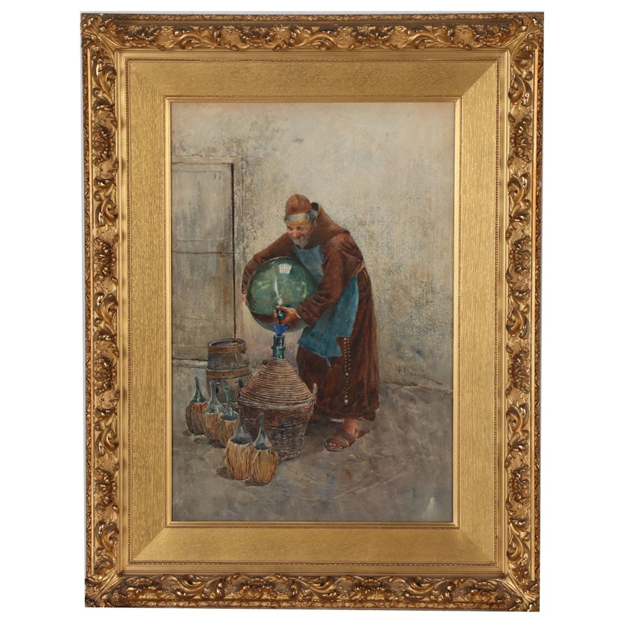 Augusto Daini Genre Scene Watercolor Painting of Friar