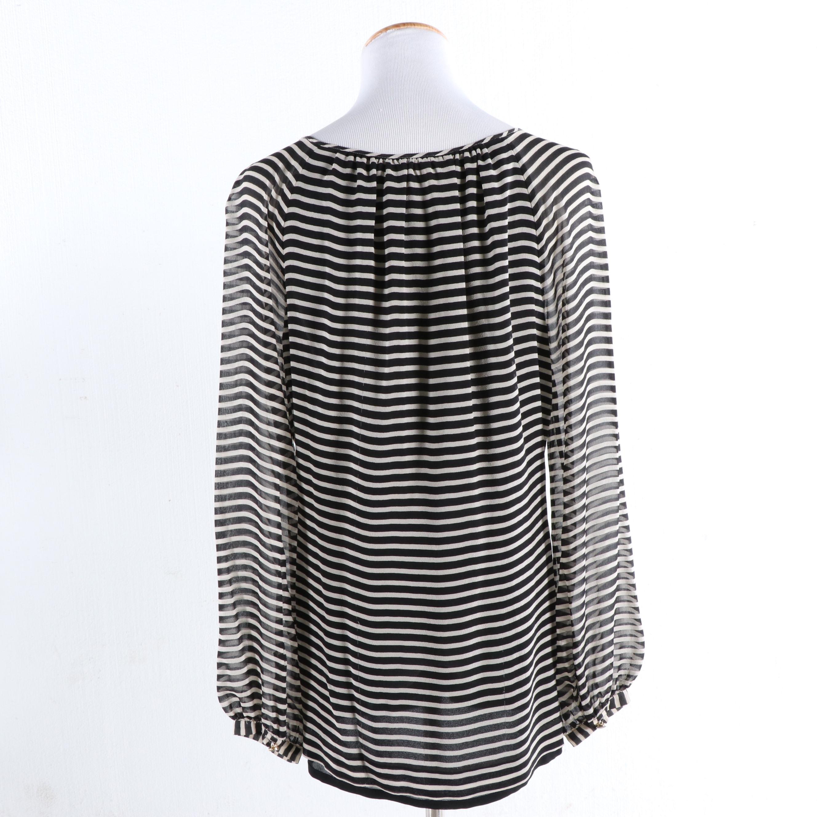 Tory Burch Black and Ivory Striped Silk Chiffon Blouse