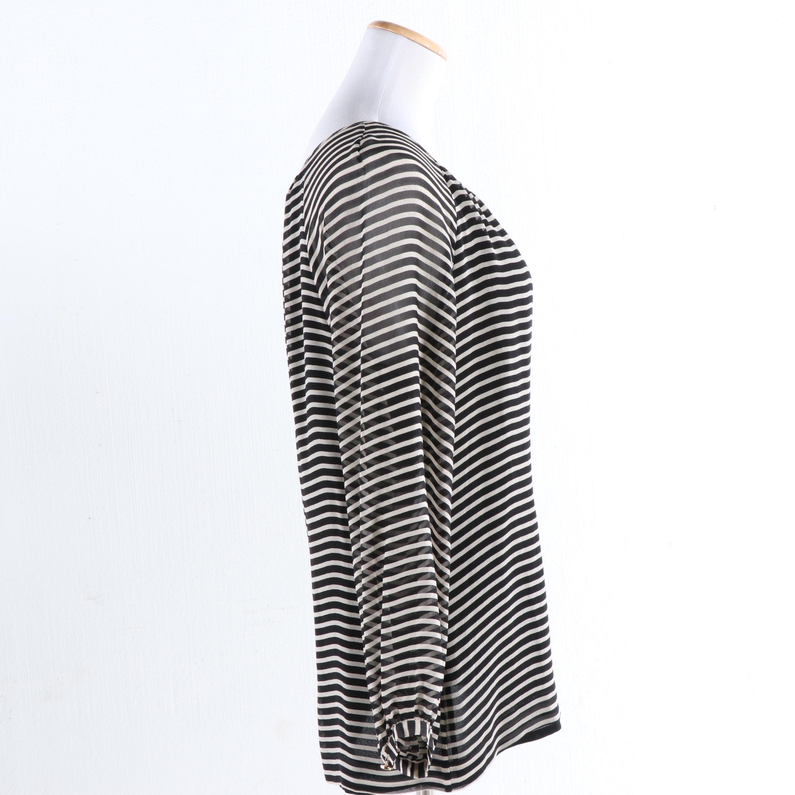 Tory Burch Black and Ivory Striped Silk Chiffon Blouse
