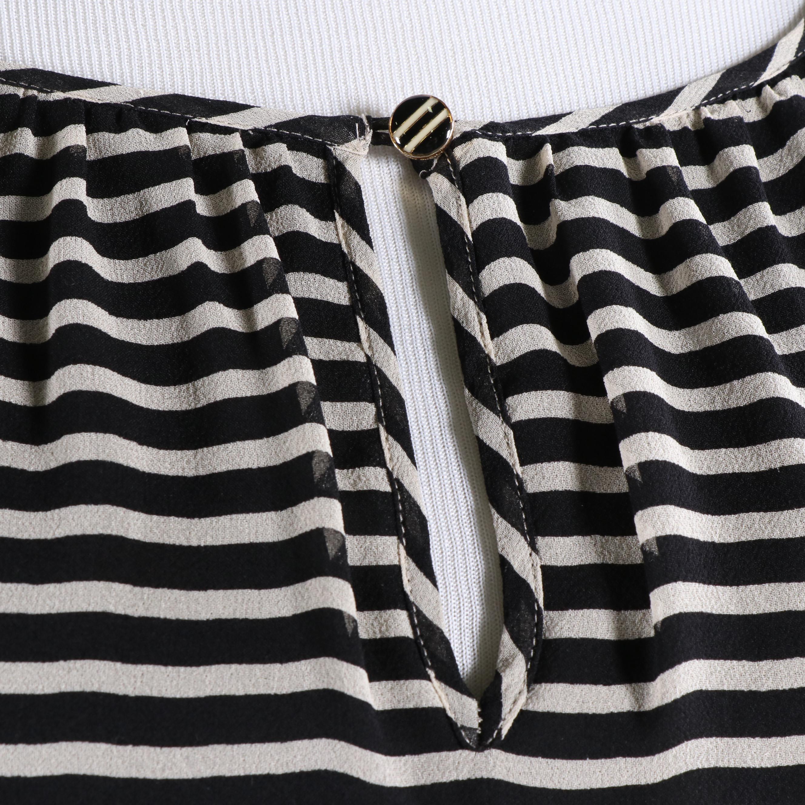 Tory Burch Black and Ivory Striped Silk Chiffon Blouse